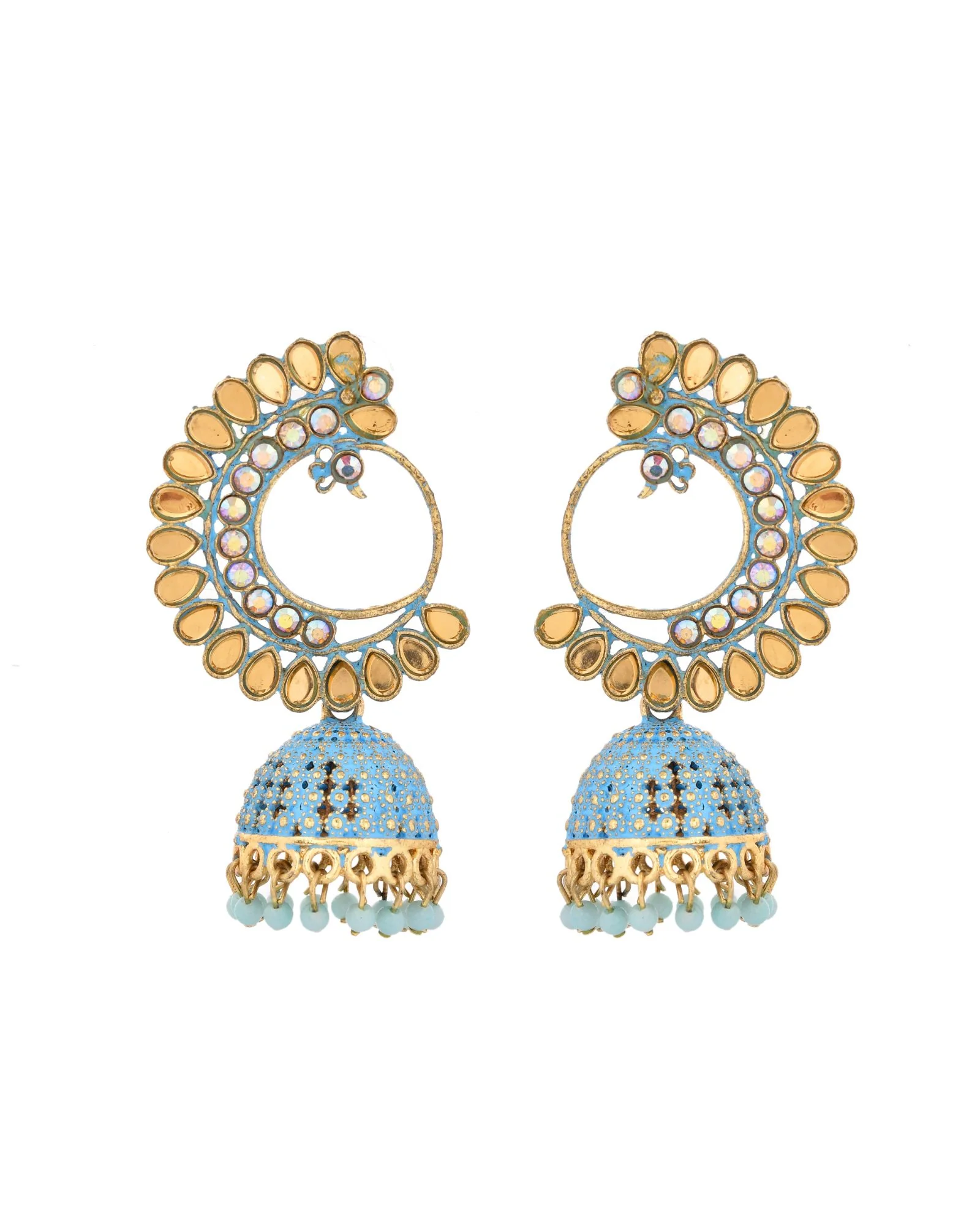 Jewels Nest Gold Plated Kundan Style Blue Jhumka Earrings With Bead Drops For Women - Image 4