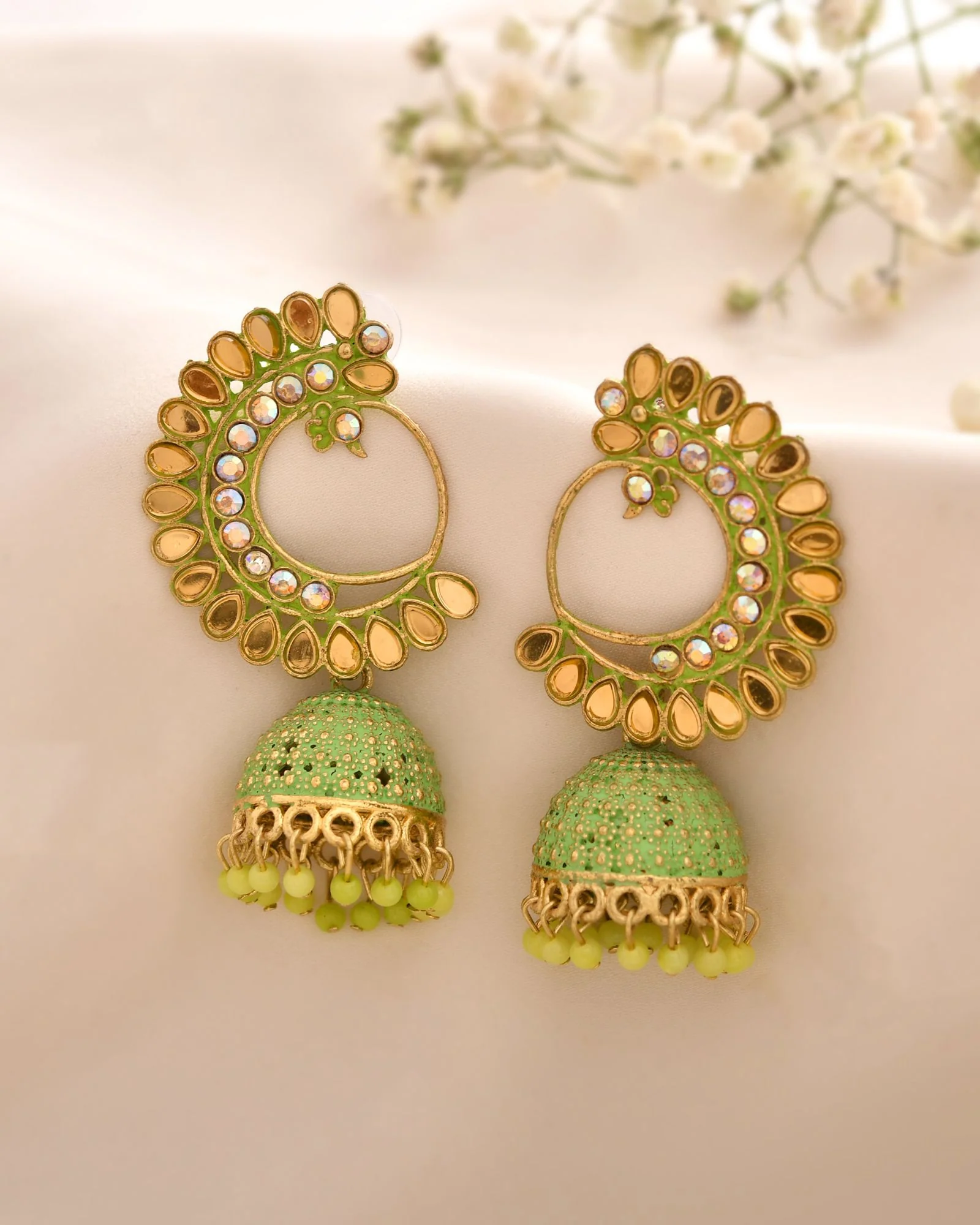 Jewels Nest Gold Plated Kundan Style Green Beaded Jhumka Earrings For Women