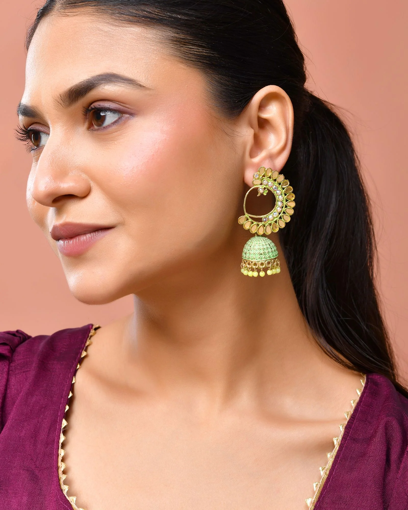 Jewels Nest Gold Plated Kundan Style Green Beaded Jhumka Earrings For Women - Image 2