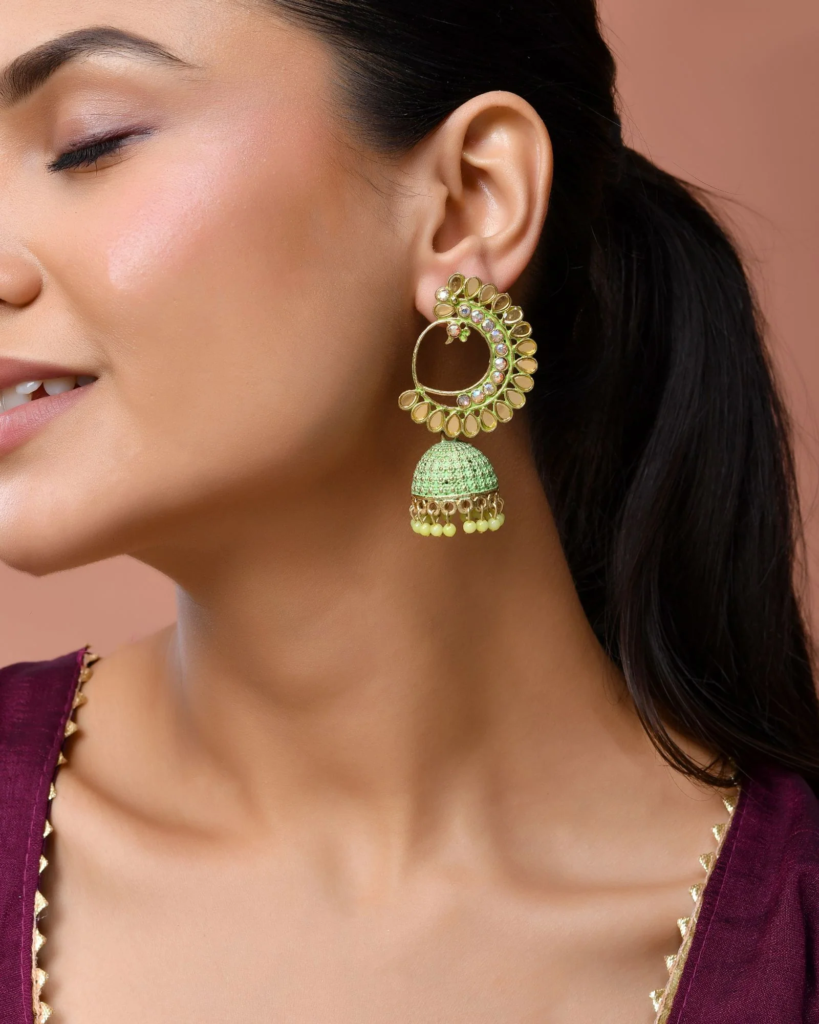 Jewels Nest Gold Plated Kundan Style Green Beaded Jhumka Earrings For Women - Image 3