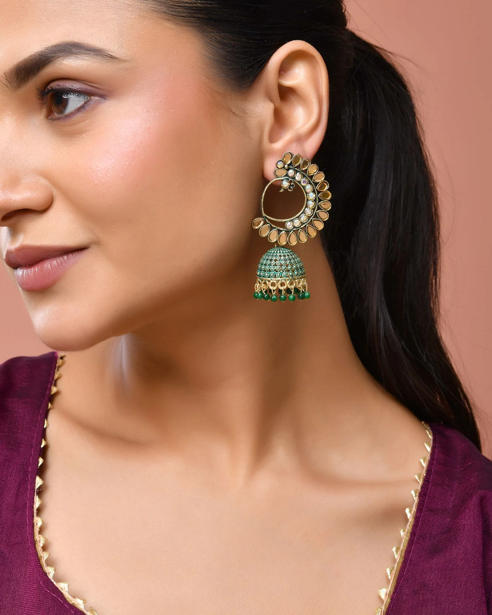 Jewels Nest Gold Plated Kundan Style Green Jhumka Earrings With Bead Drops For Women - Image 2