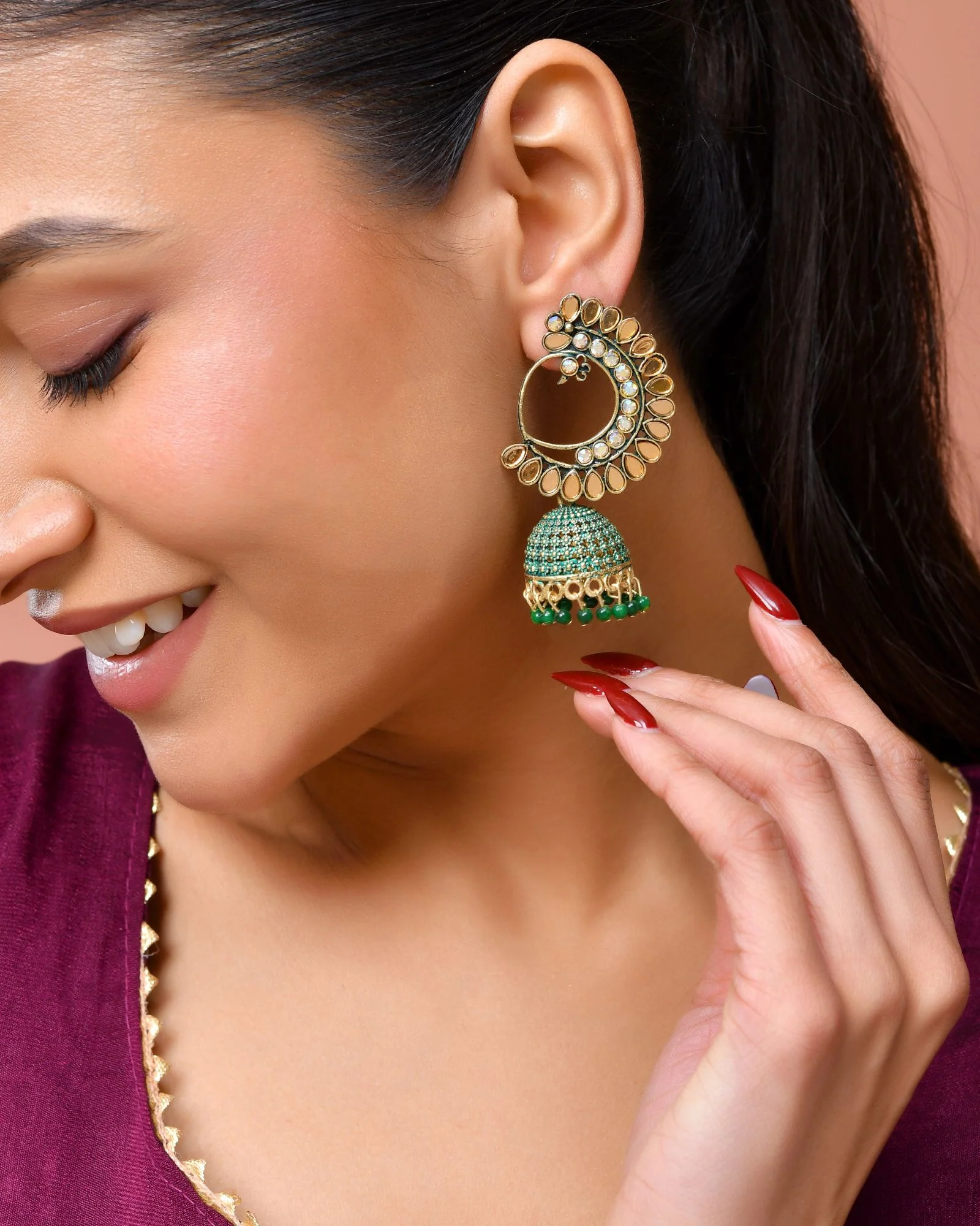 Jewels Nest Gold Plated Kundan Style Green Jhumka Earrings With Bead Drops For Women - Image 3