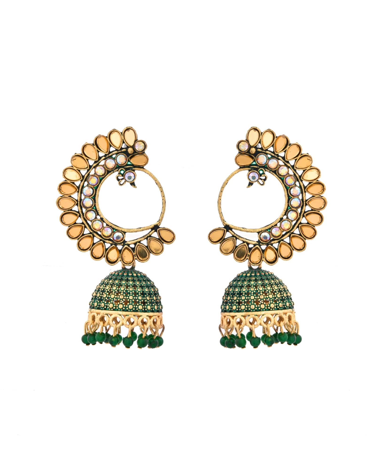 Jewels Nest Gold Plated Kundan Style Green Jhumka Earrings With Bead Drops For Women - Image 4