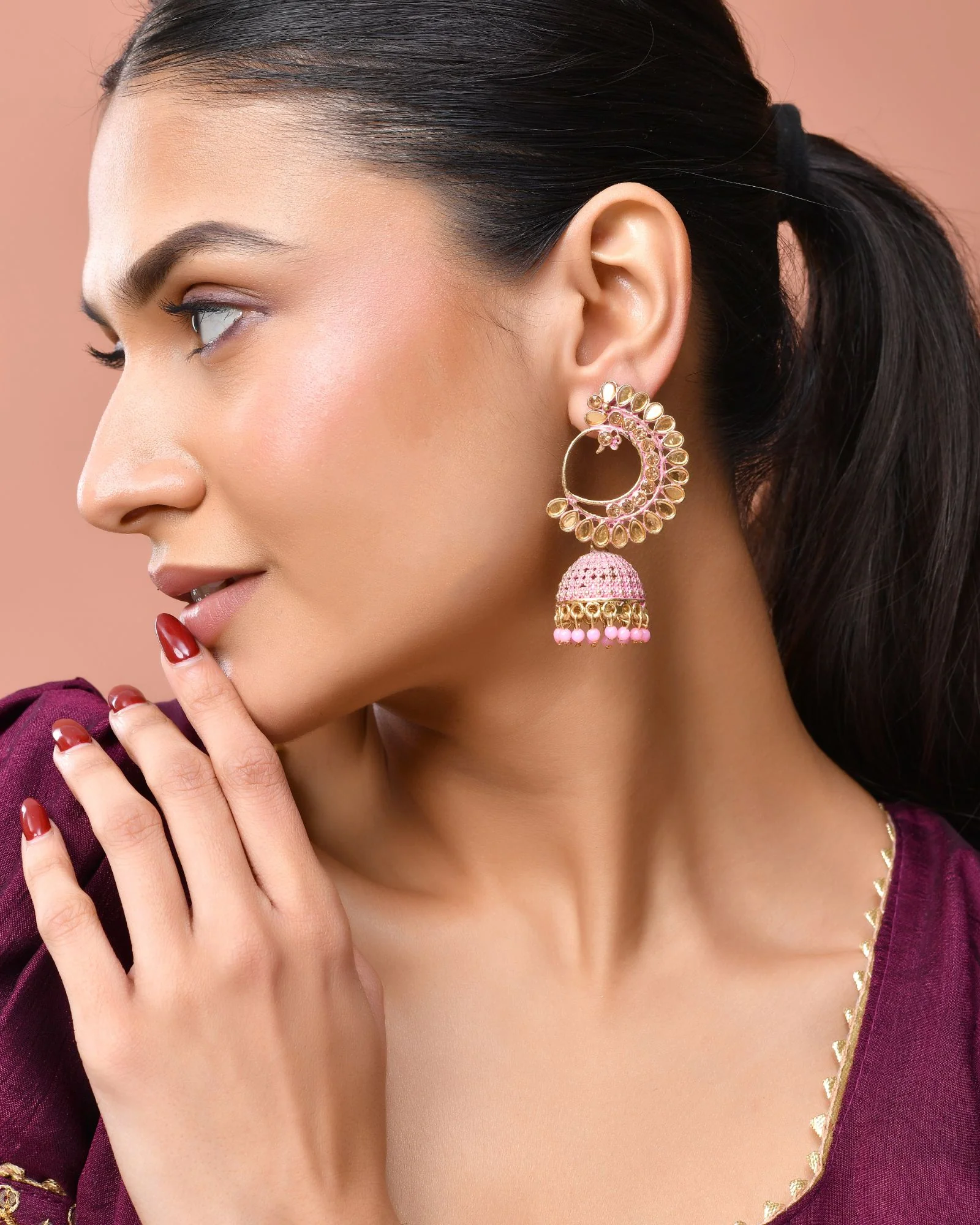 Jewels Nest Gold Plated Kundan Style Light Pink Jhumka Earrings With Bead Drops For Women - Image 2