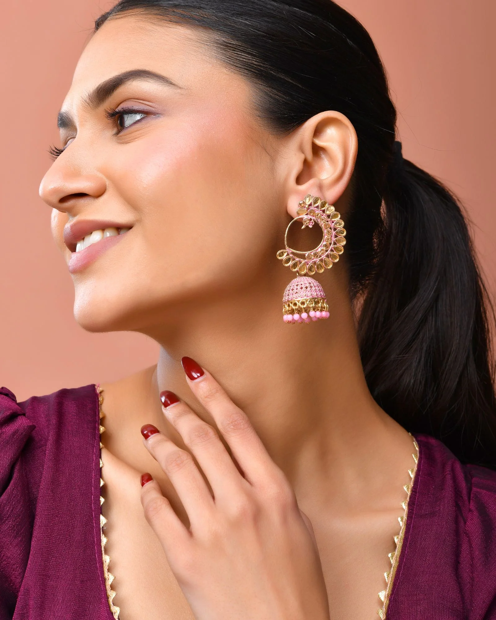 Jewels Nest Gold Plated Kundan Style Light Pink Jhumka Earrings With Bead Drops For Women - Image 3