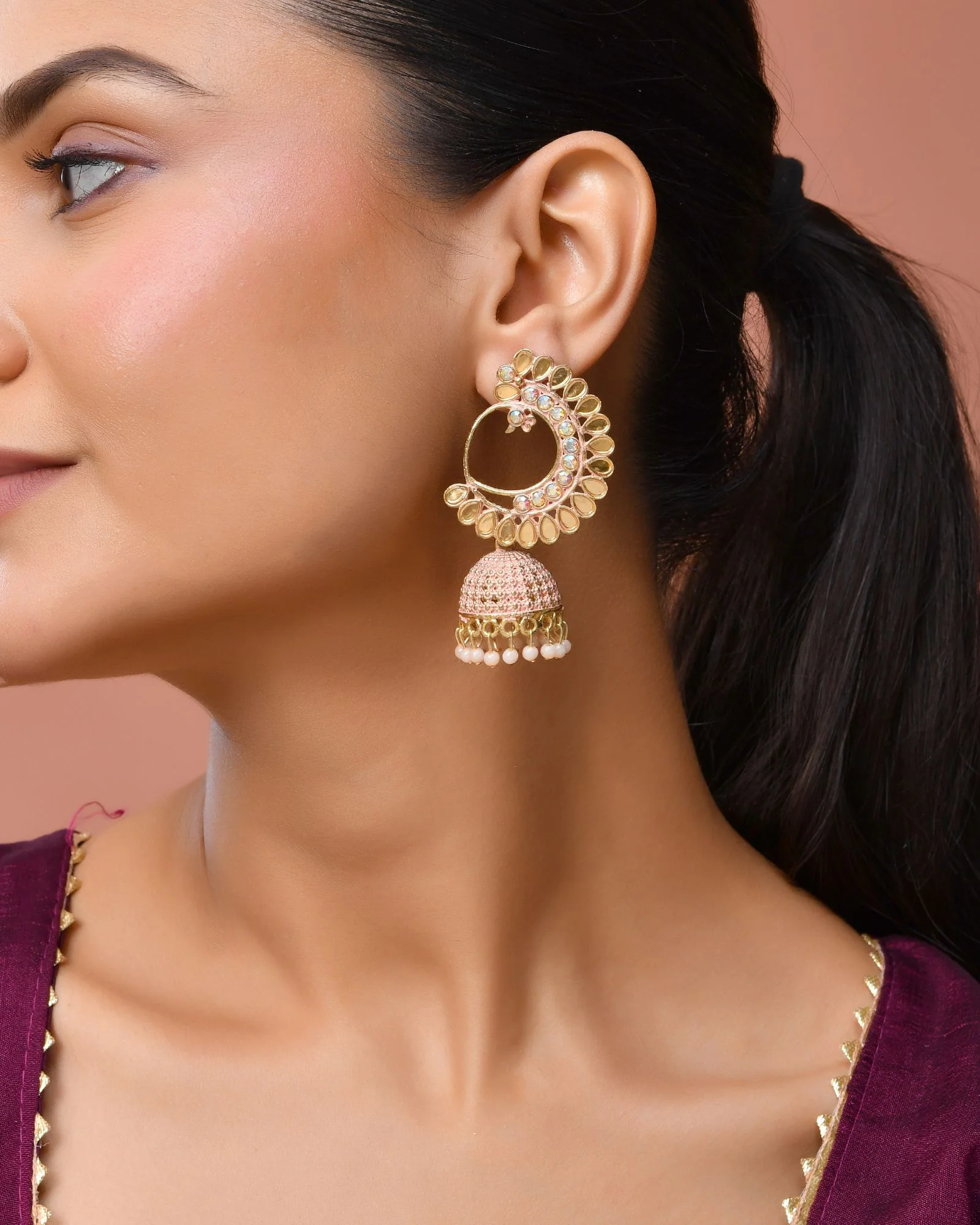 Jewels Nest Gold Plated Kundan Style Pink Jhumka Earrings With Pearl Bead Drops For Women - Image 3