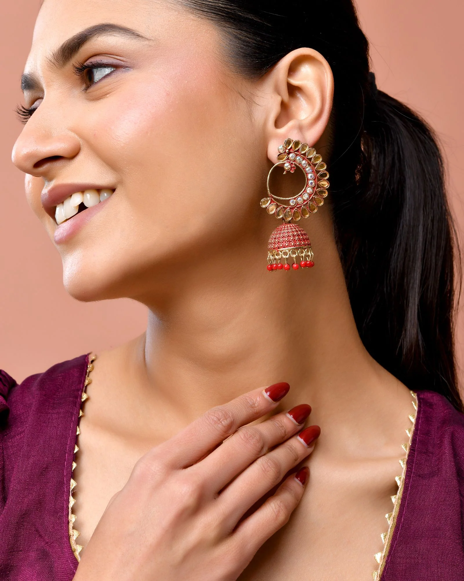 Jewels Nest Gold Plated Kundan Style Red Beaded Jhumka Earrings For Women - Image 3