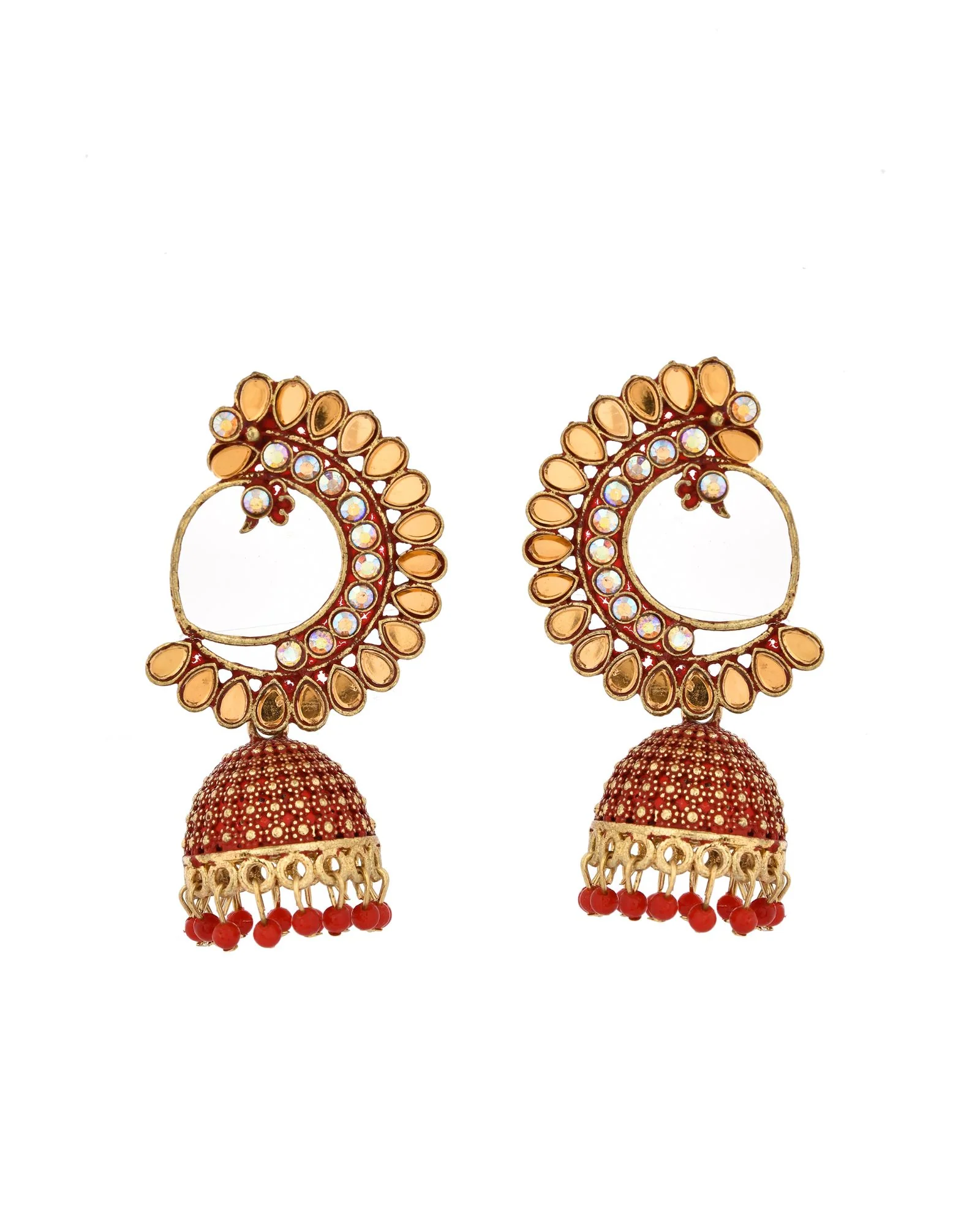 Jewels Nest Gold Plated Kundan Style Red Beaded Jhumka Earrings For Women - Image 4