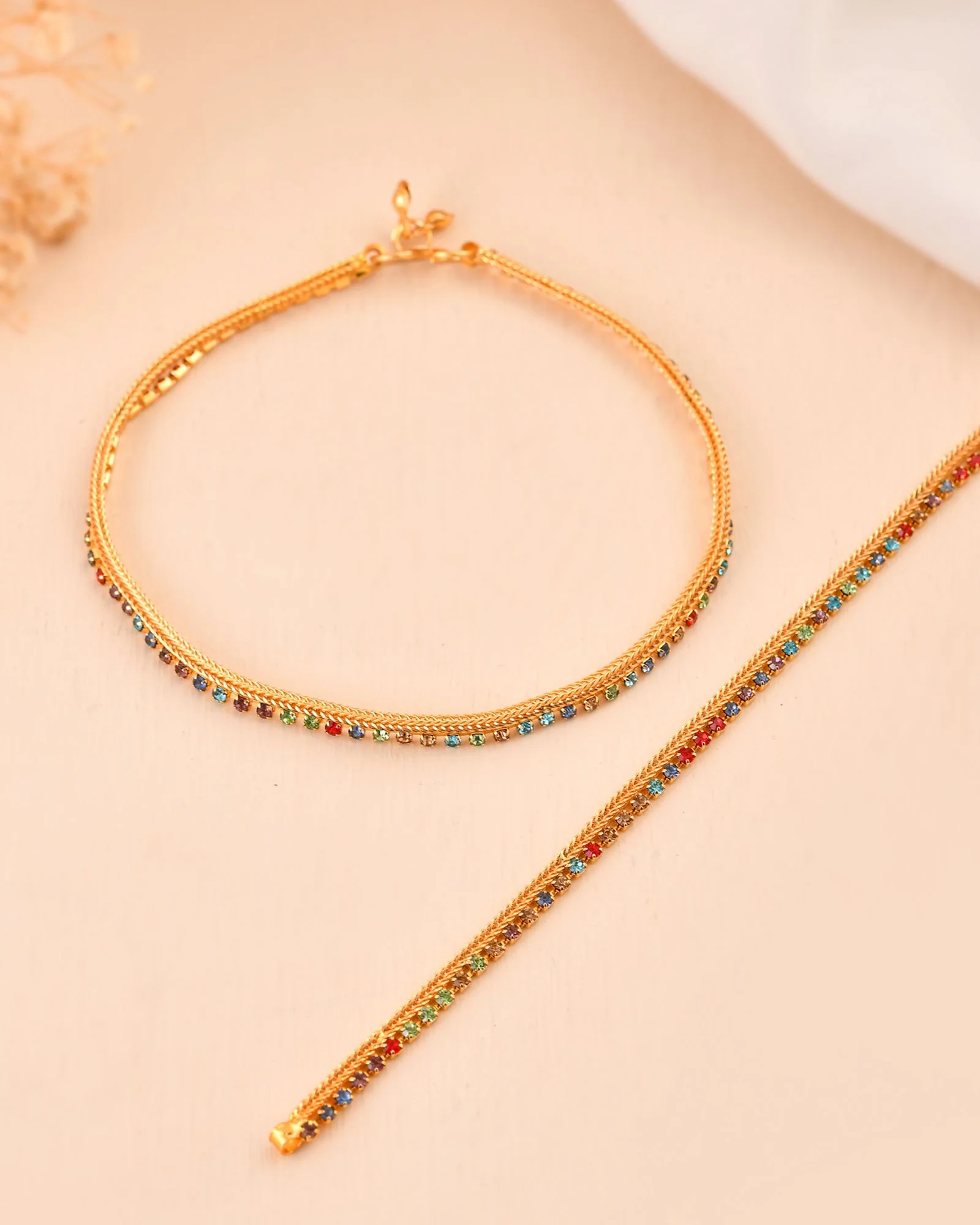 Jewels Nest Gold Plated Multicolor Stone Chain Anklet For Women