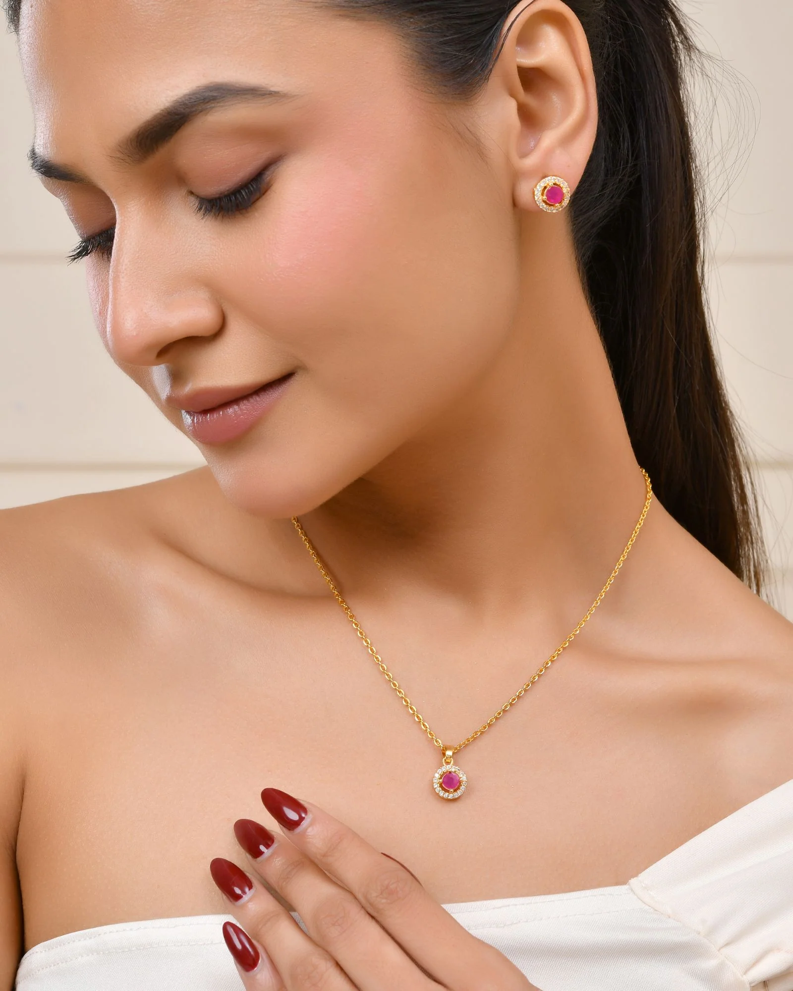 Jewels Nest Gold-Plated Round Pink Stone Pendant Necklace Set With Stud Earrings For Women - Image 3