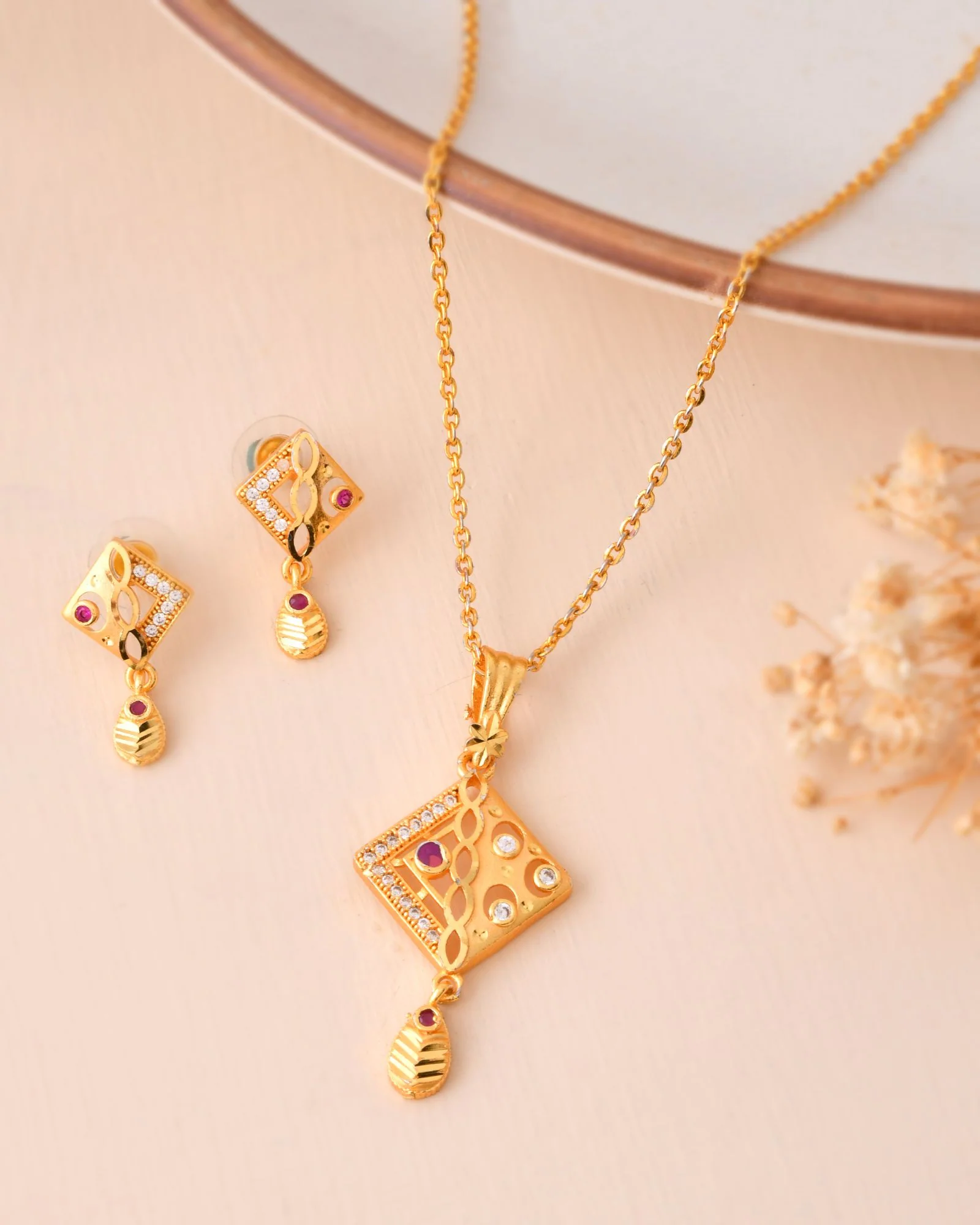 Jewels Nest Gold-Plated Square Pendant Necklace Set With Matching Earrings For Women