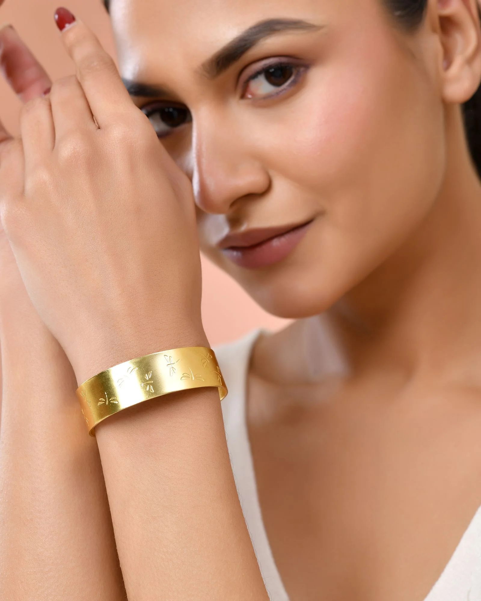 Jewels Nest Gold-Tone Anti- Tarnish Floral Engraved Wide Cuff Bangle For Women - Image 3