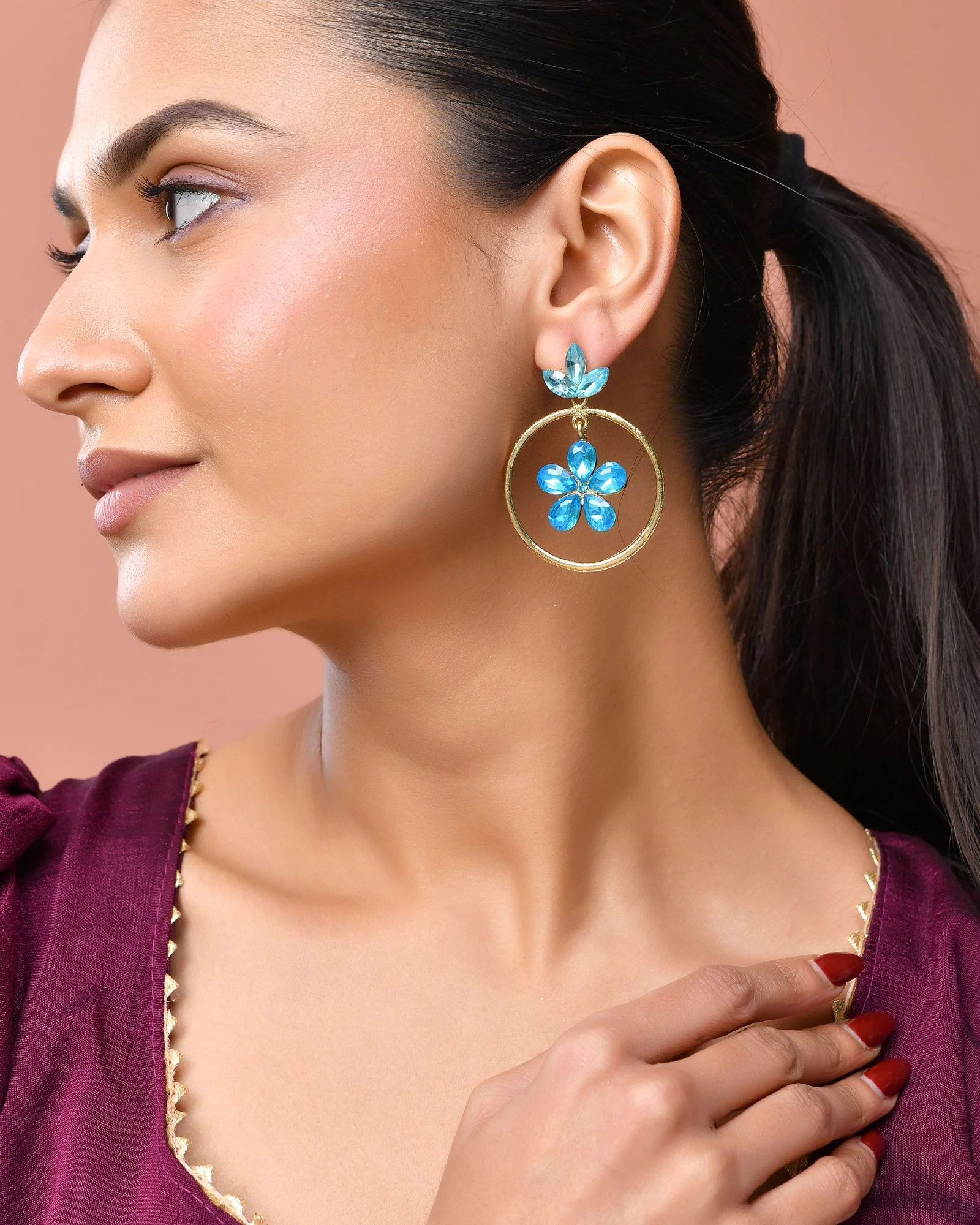 Jewels Nest Gold-Tone Blue Crystal Floral Hoop Earrings For Women - Image 4