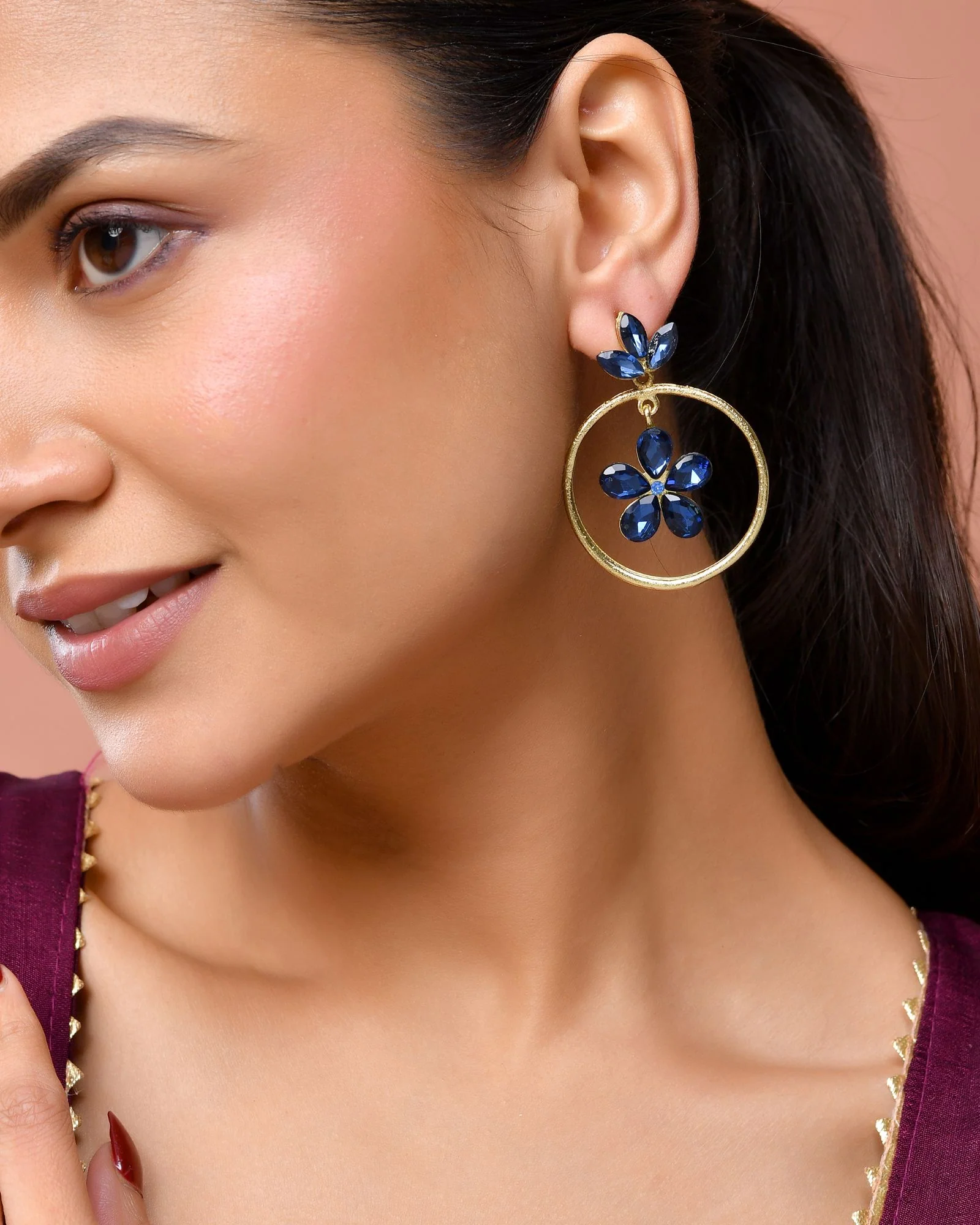 Jewels Nest Gold-Tone Blue Crystal Floral Hoop Earrings For Women - Image 3