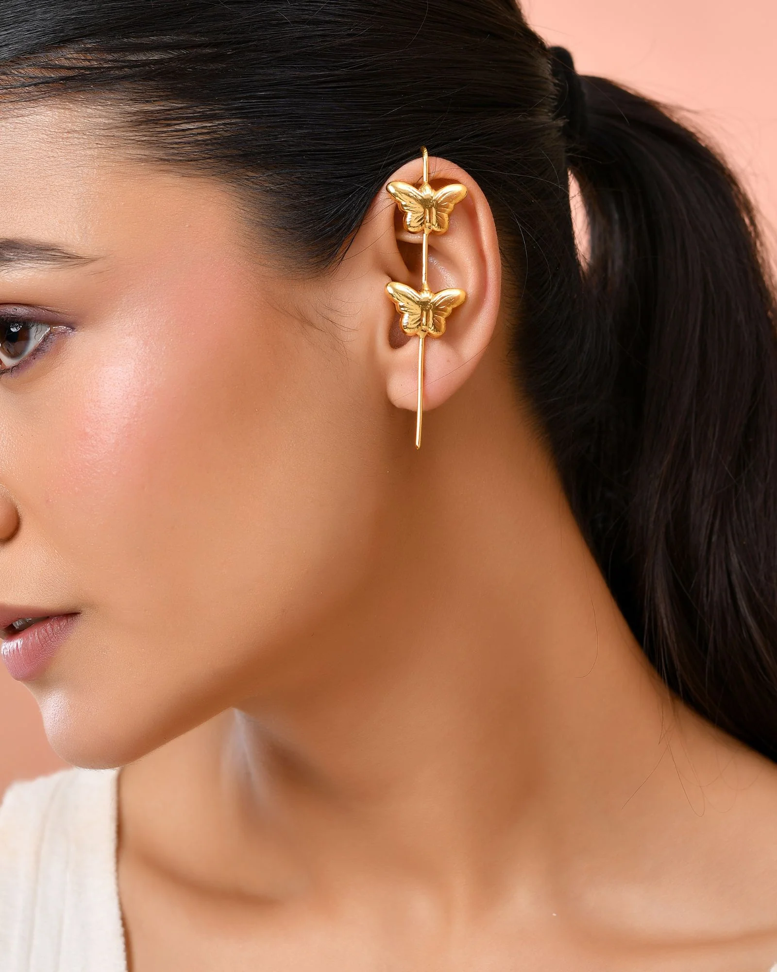 Jewels Nest Gold-Tone Butterfly Motif Linear Drop Earrings For Women | Minimal Elegant Jewellery - Image 2