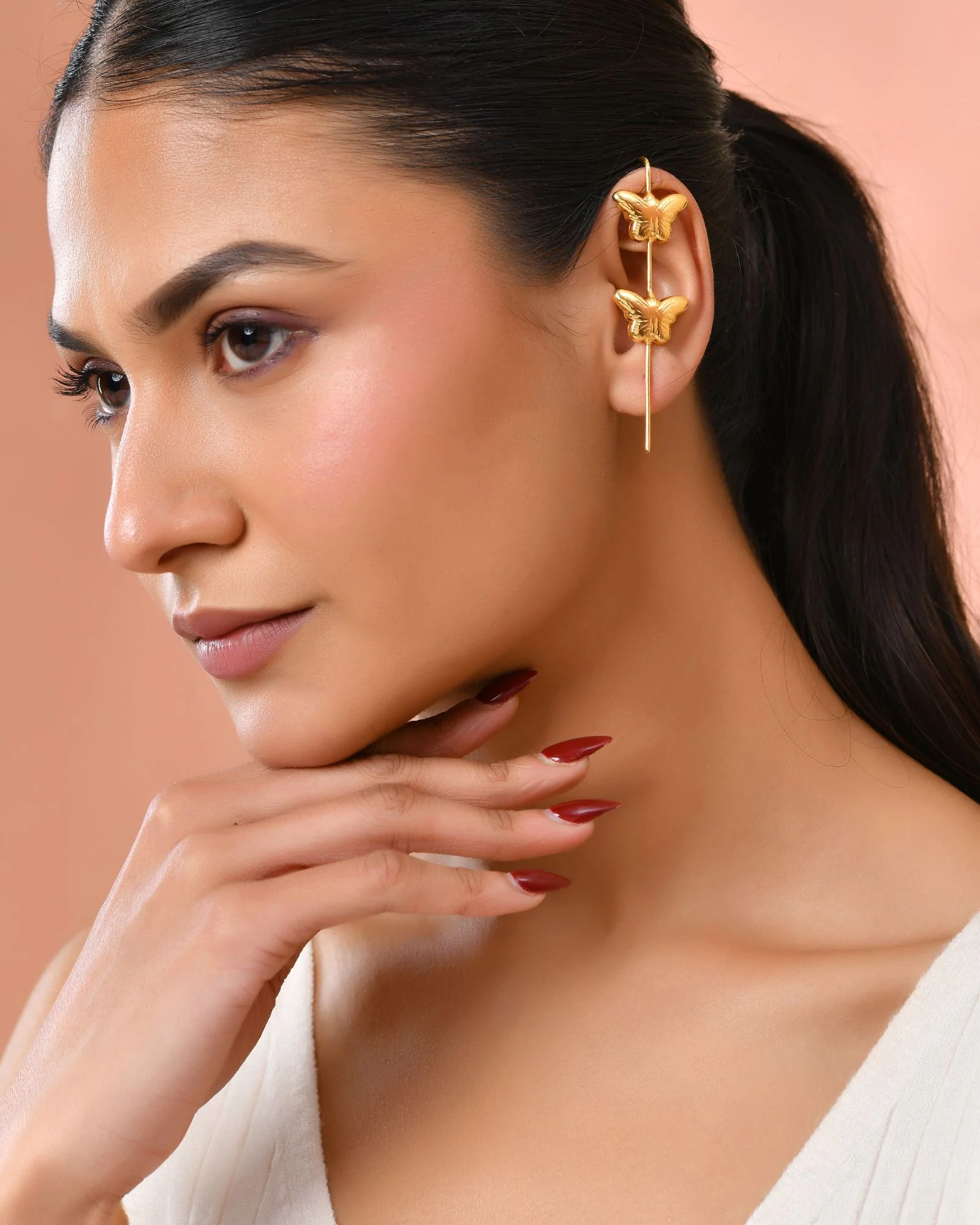 Jewels Nest Gold-Tone Butterfly Motif Linear Drop Earrings For Women | Minimal Elegant Jewellery - Image 4