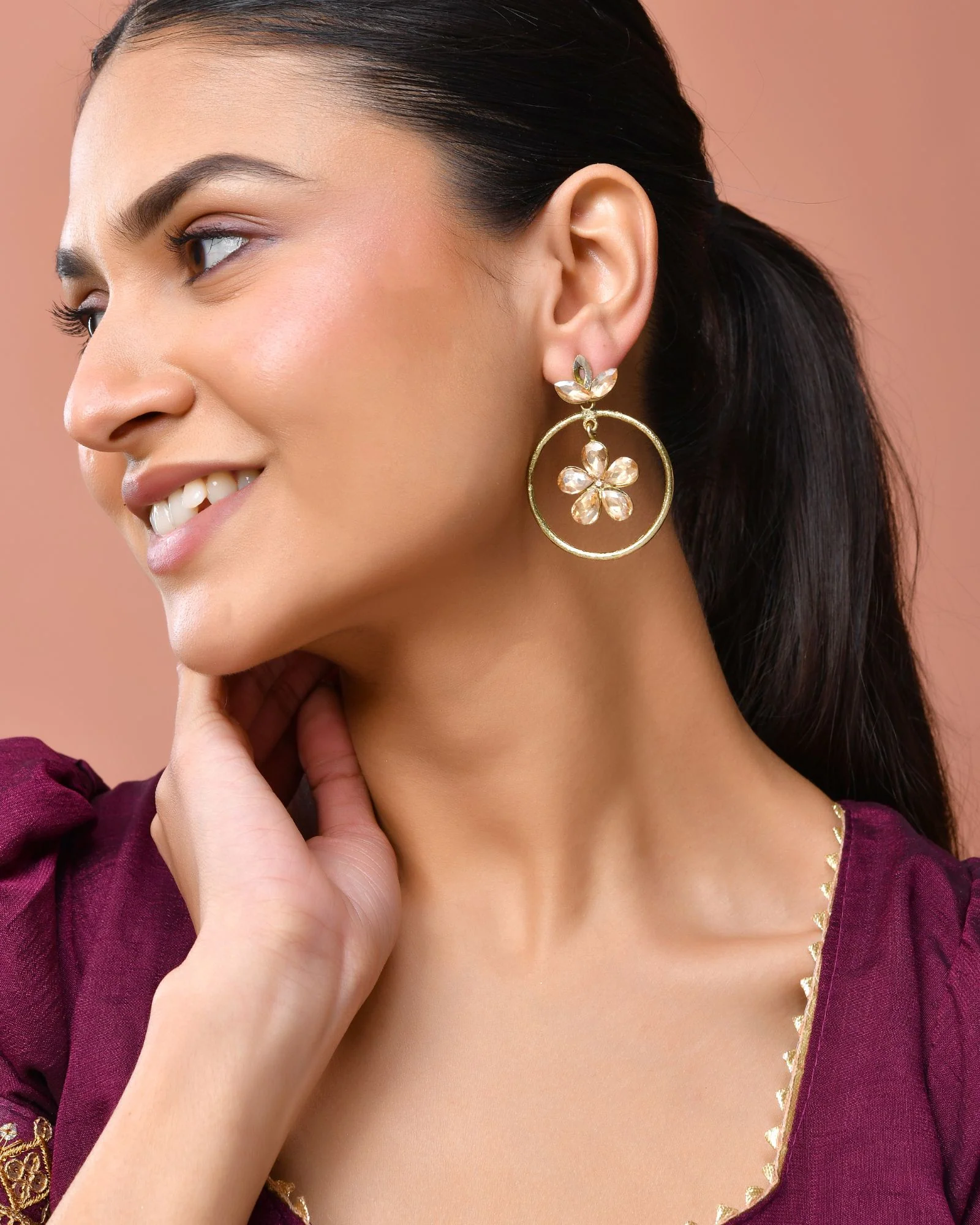 Jewels Nest Gold-Tone Champagne Crystal Floral Hoop Earrings For Women - Image 3