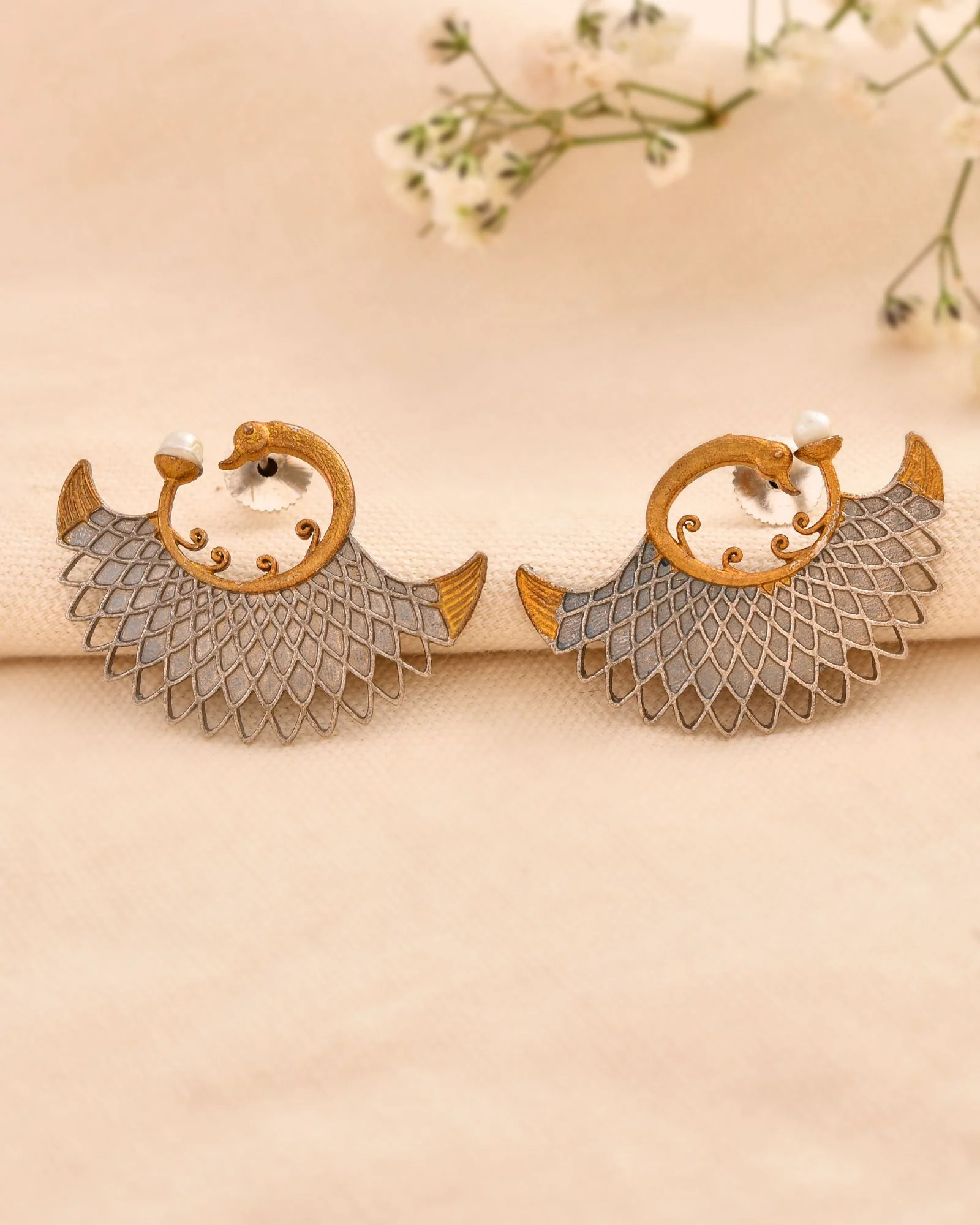 Jewels Nest Gold-Tone Dual Finish Fan Motif Stud Earrings For Women