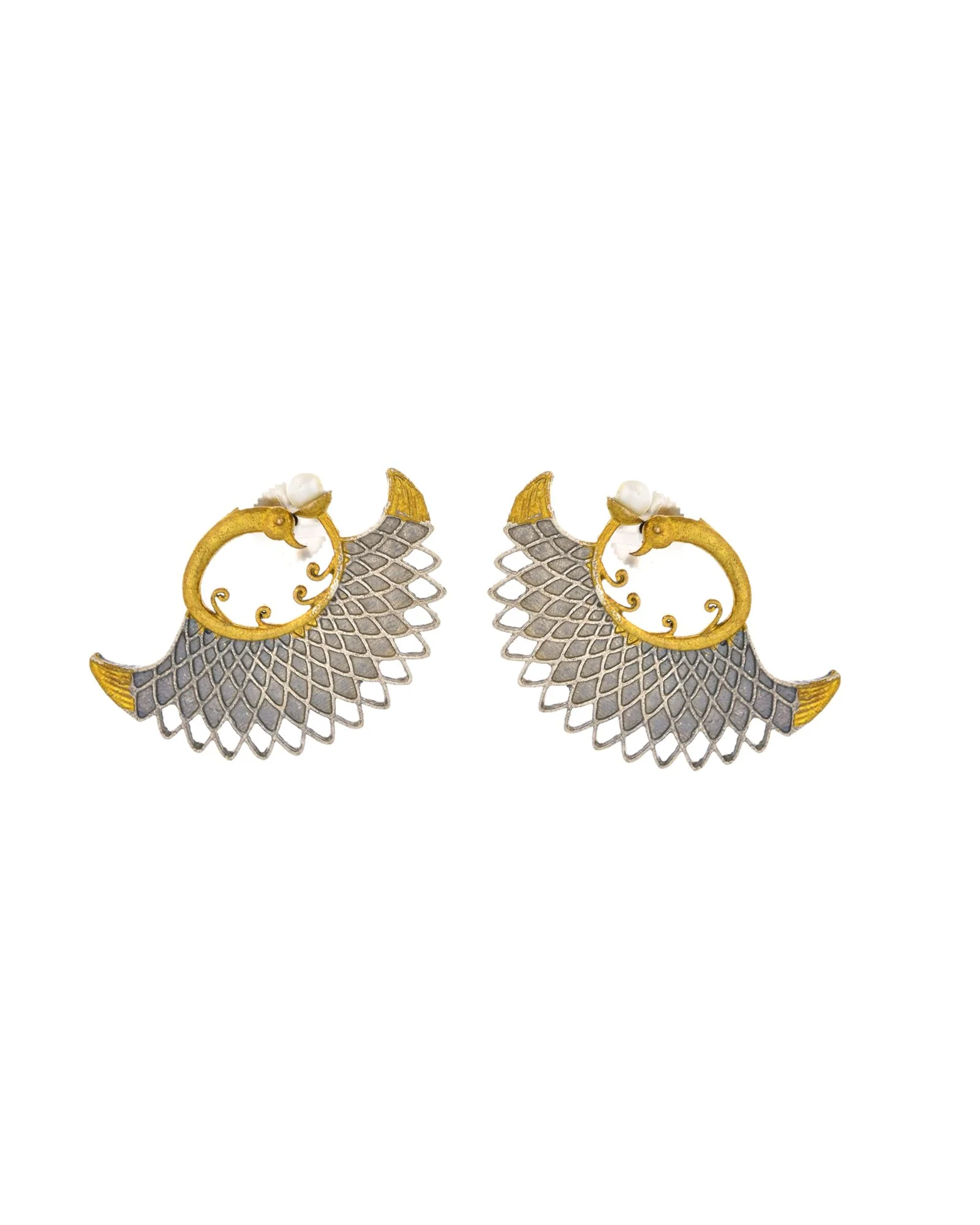Jewels Nest Gold-Tone Dual Finish Fan Motif Stud Earrings For Women - Image 3