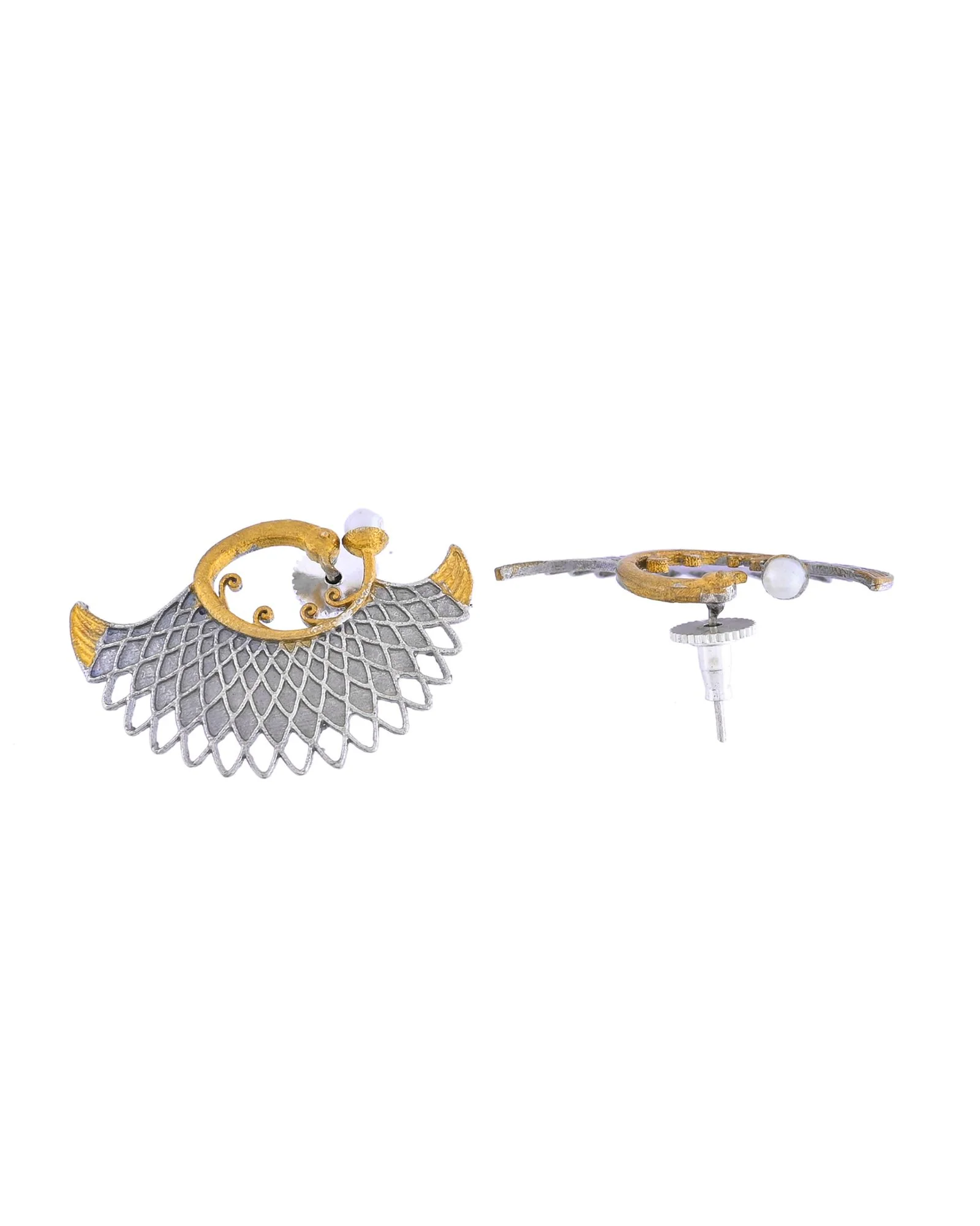 Jewels Nest Gold-Tone Dual Finish Fan Motif Stud Earrings For Women - Image 5