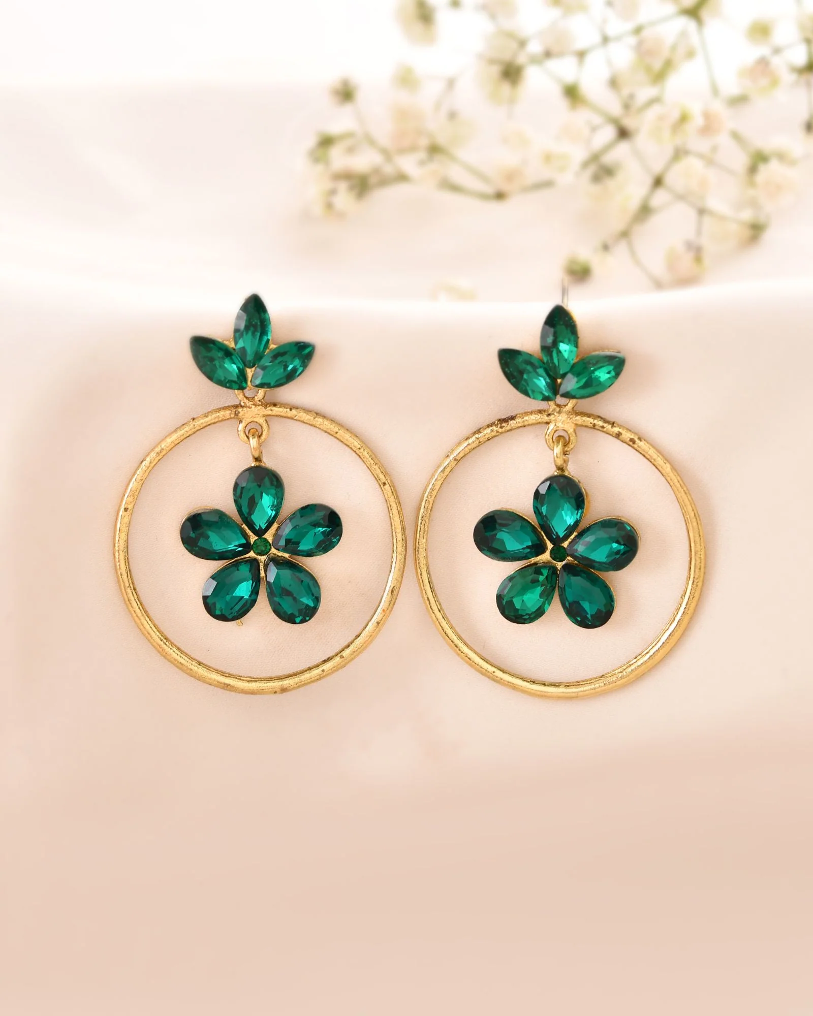 Jewels Nest Gold Tone Emerald Green Crystal Floral Hoop Earrings For Women