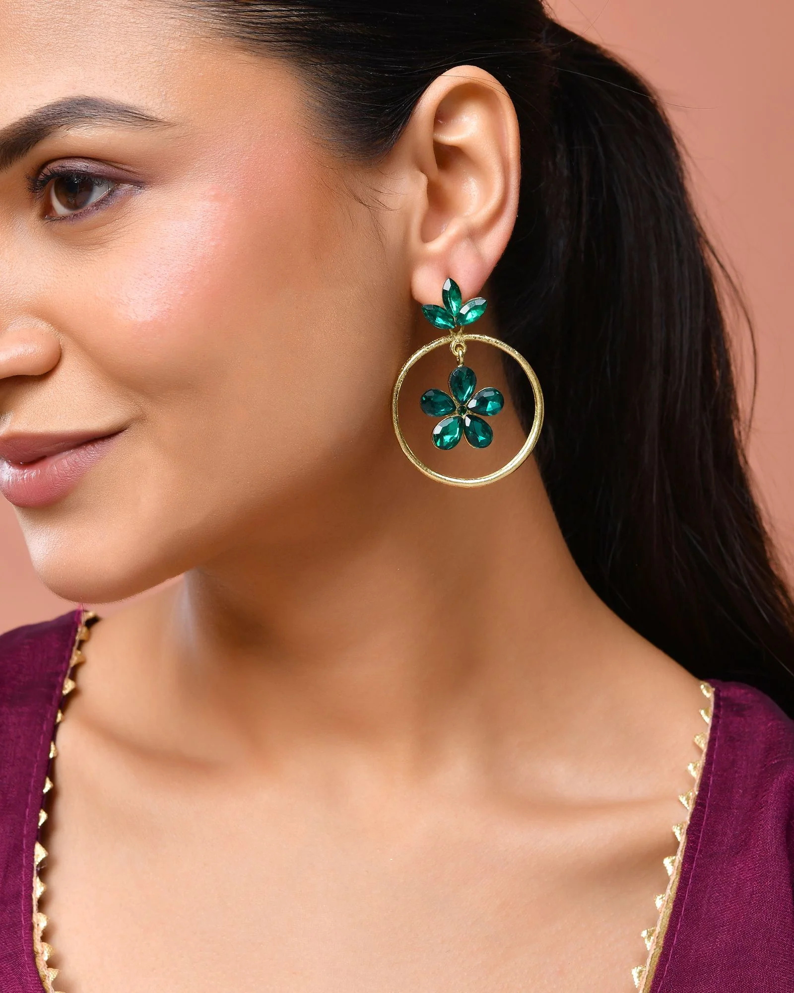 Jewels Nest Gold Tone Emerald Green Crystal Floral Hoop Earrings For Women - Image 2