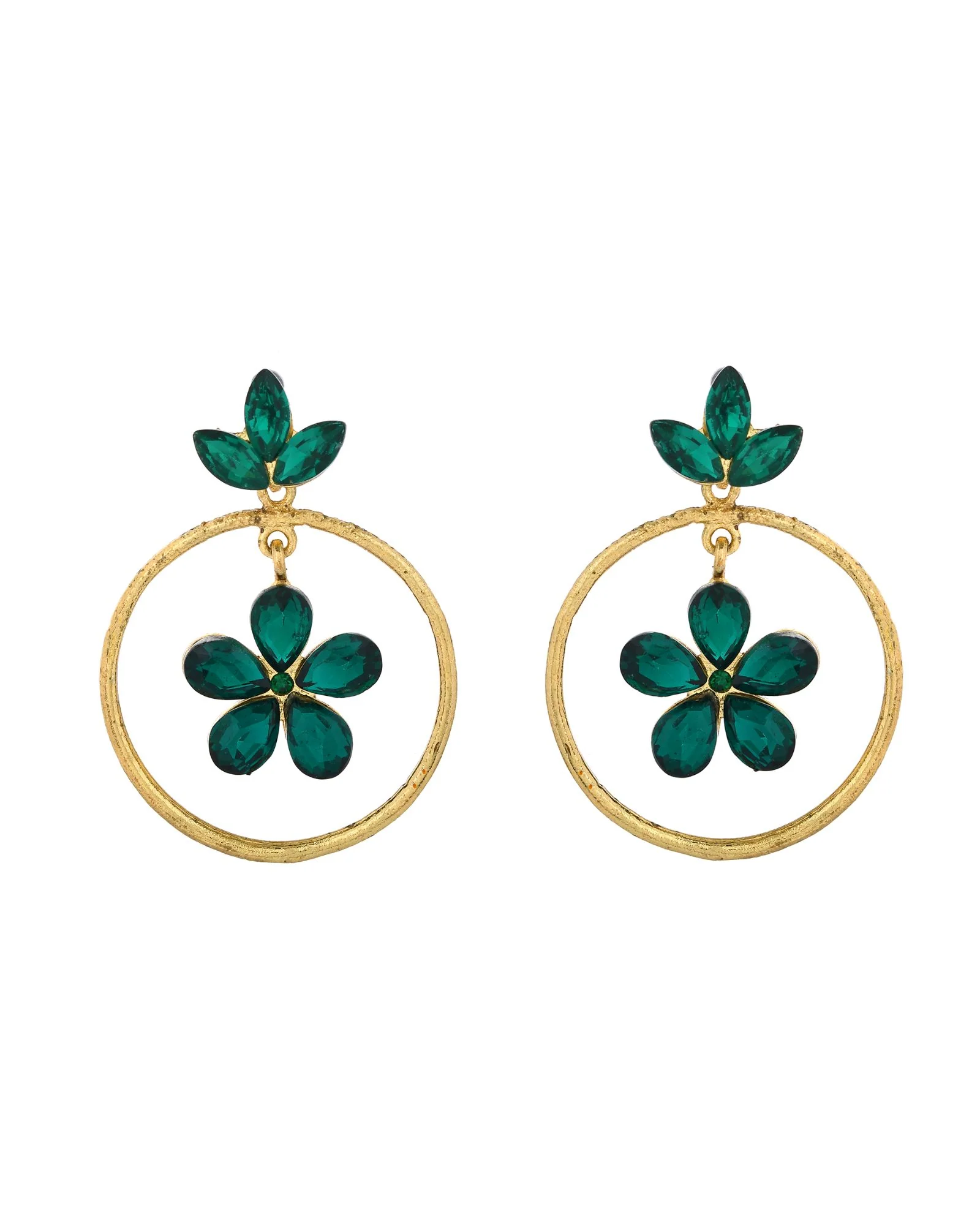 Jewels Nest Gold Tone Emerald Green Crystal Floral Hoop Earrings For Women - Image 3