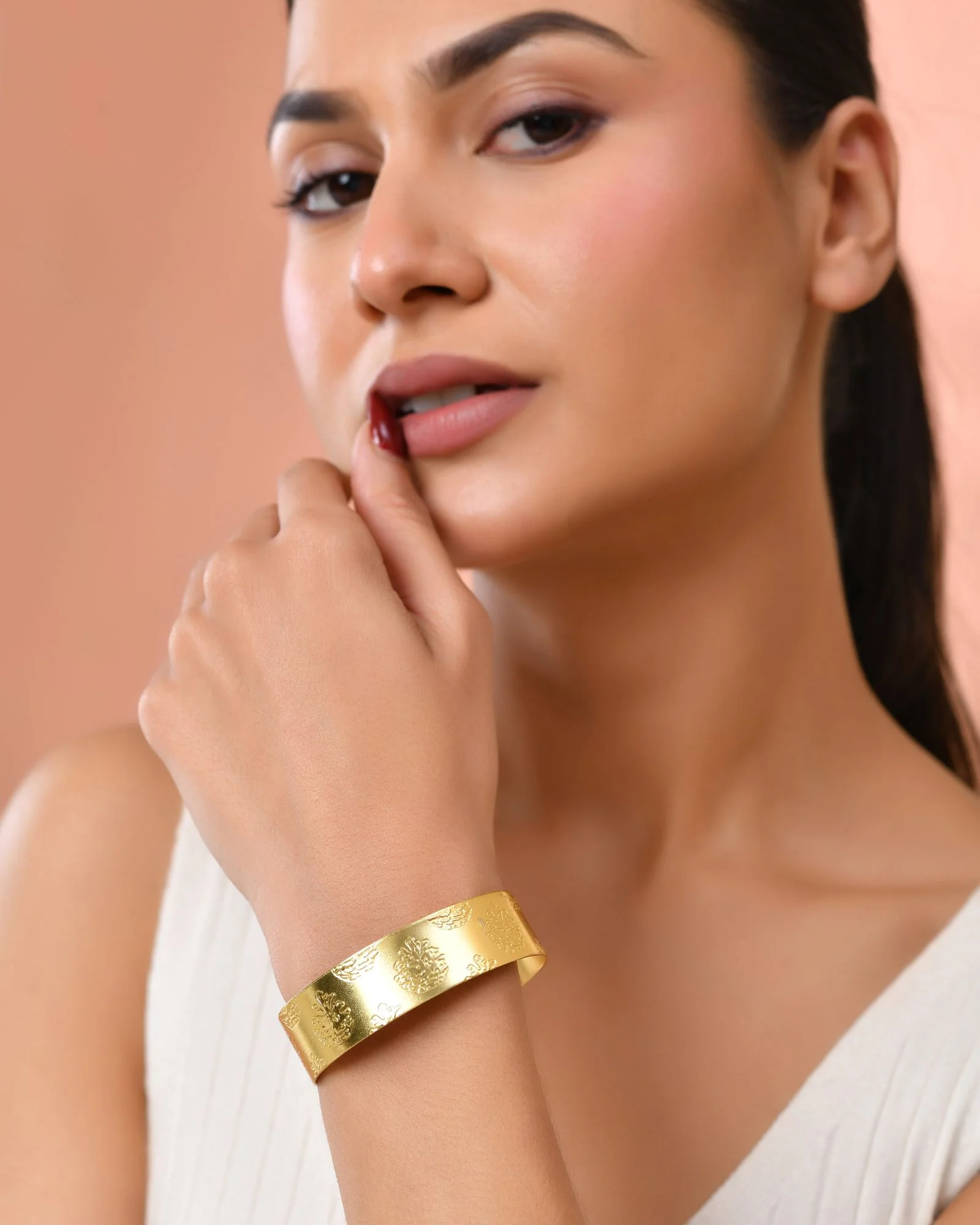 Jewels Nest Gold-Tone Engraved Wide Cuff Bangle For Women - Image 2
