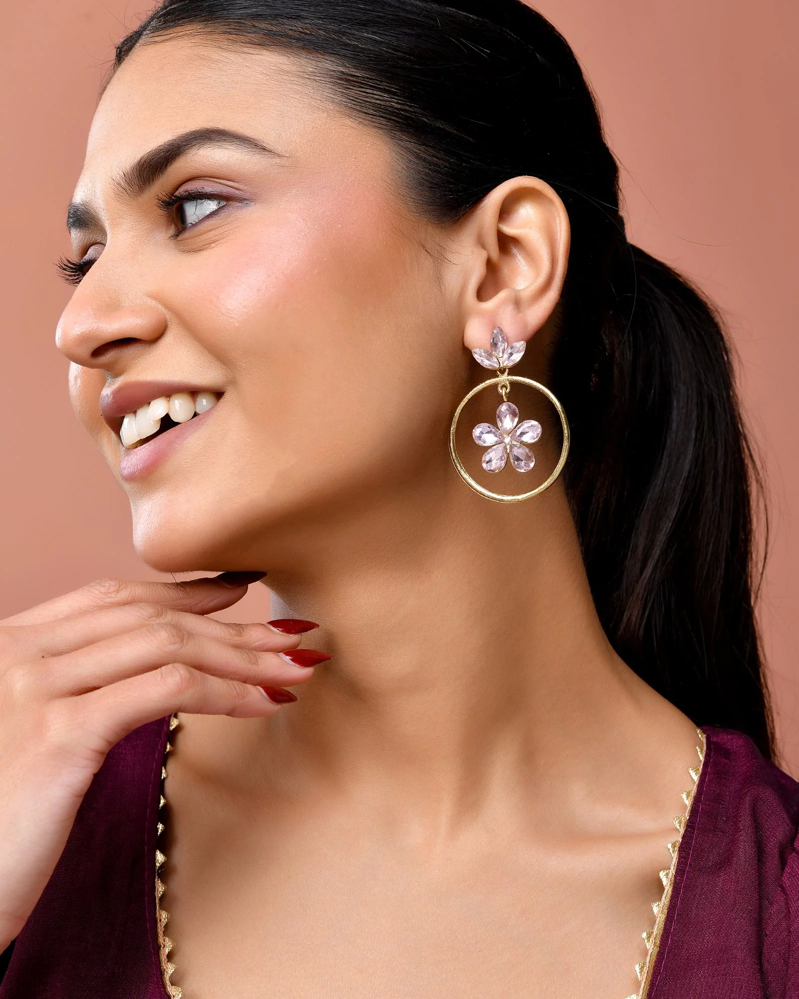 Jewels Nest Gold-Tone Floral Crystal Hoop Earrings For Women - Image 3