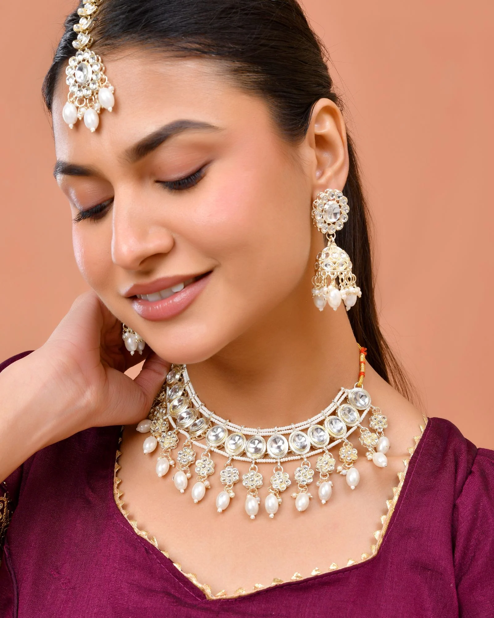 Jewels Nest Gold-Tone Kundan Choker Necklace Set With Pearl Drops & Maang Tikka - Image 2