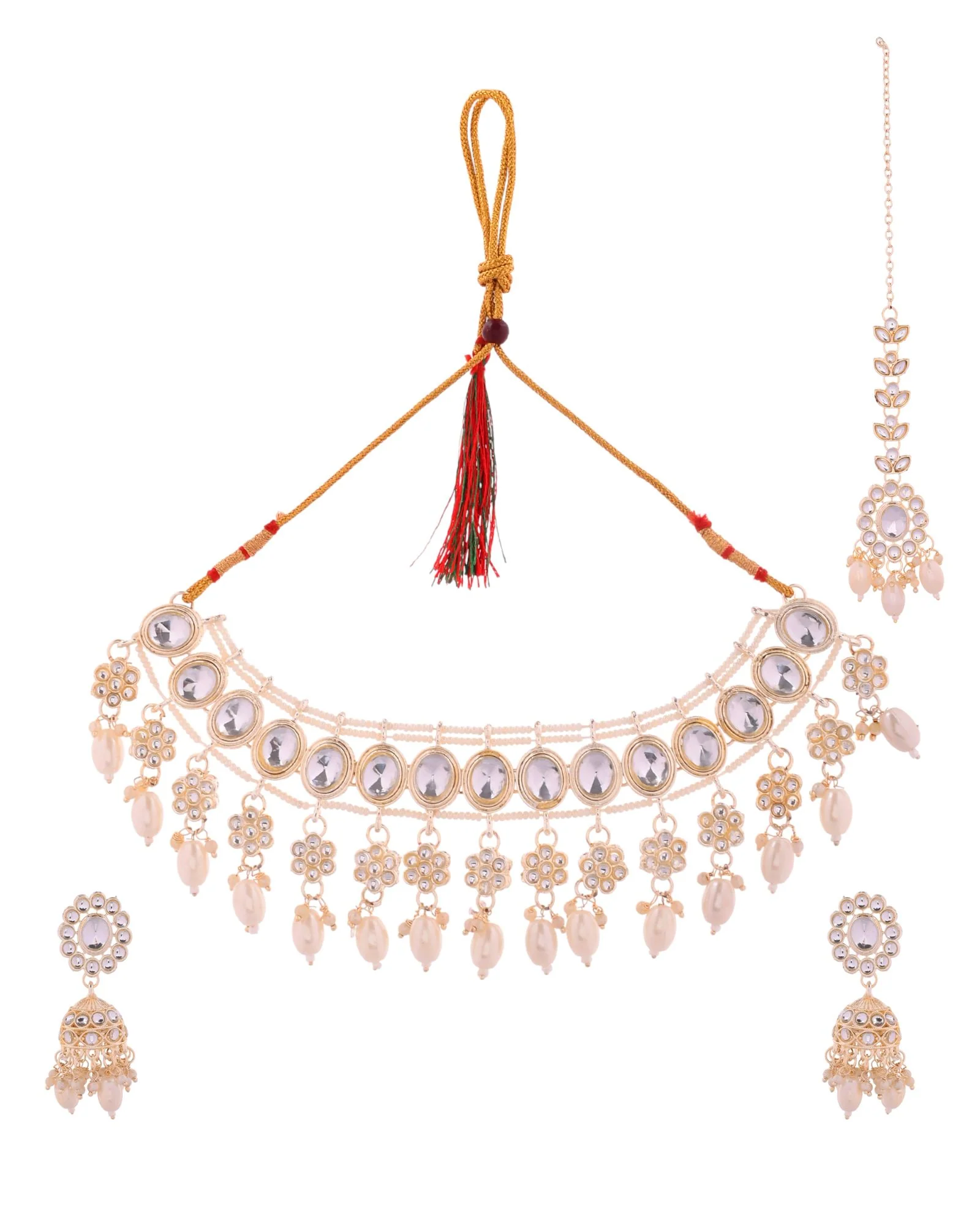 Jewels Nest Gold-Tone Kundan Choker Necklace Set With Pearl Drops & Maang Tikka - Image 4