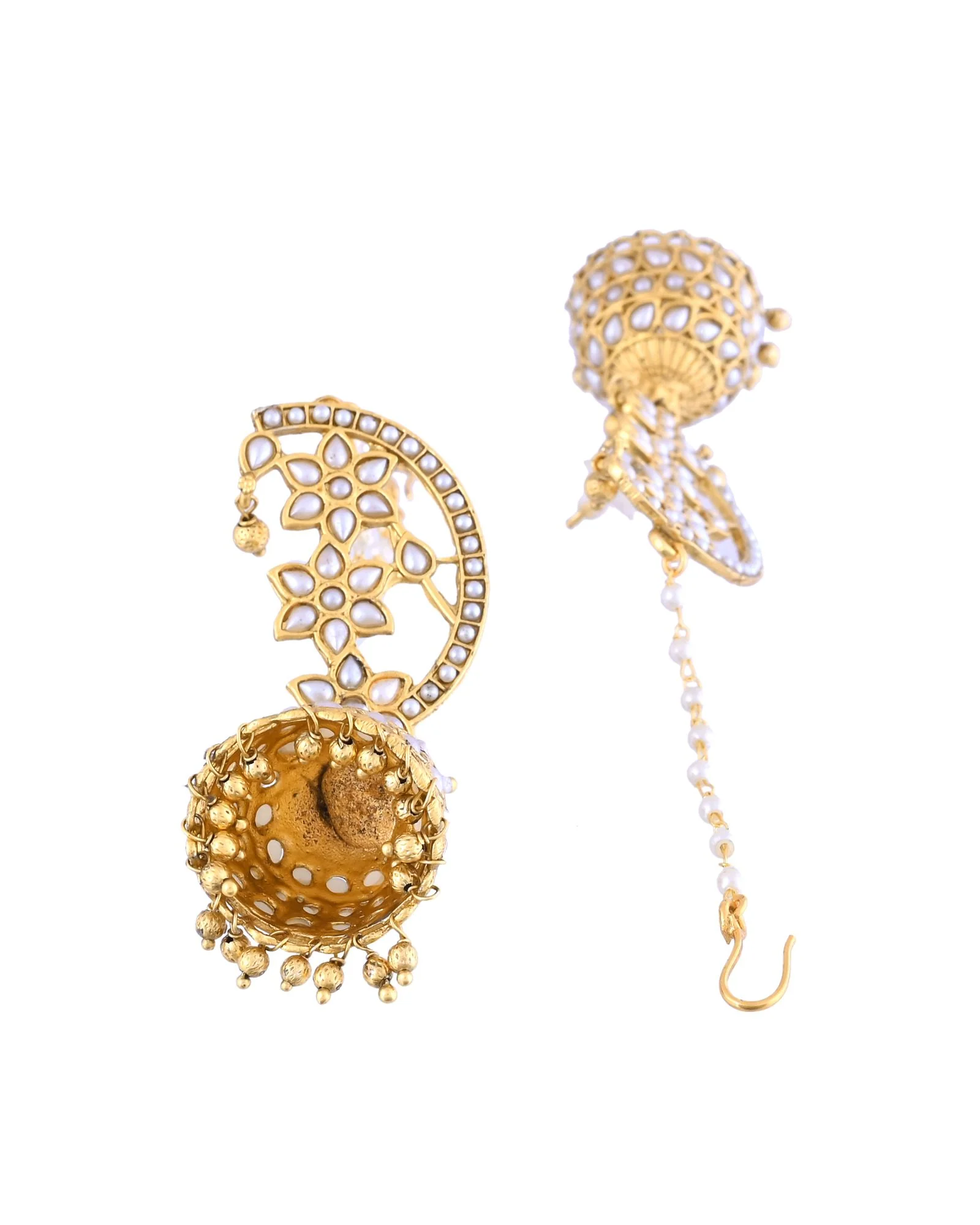 Jewels Nest Gold-Tone Kundan Ear Cuff Jhumka Earrings With Pearl Chain - Image 5