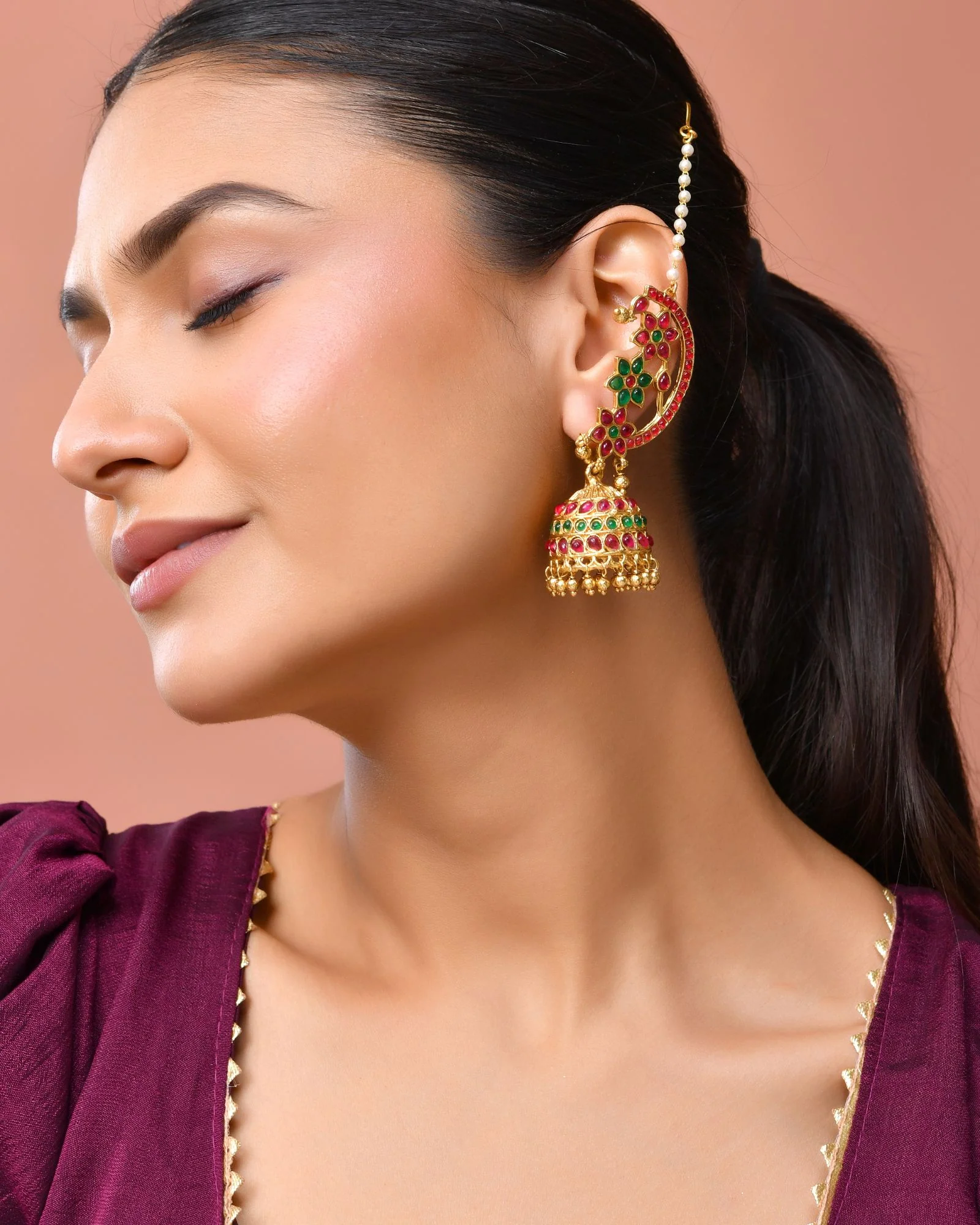 Jewels Nest Gold-Tone Kundan Floral Ear Cuff Jhumka Earrings With Pearl Chain - Image 2