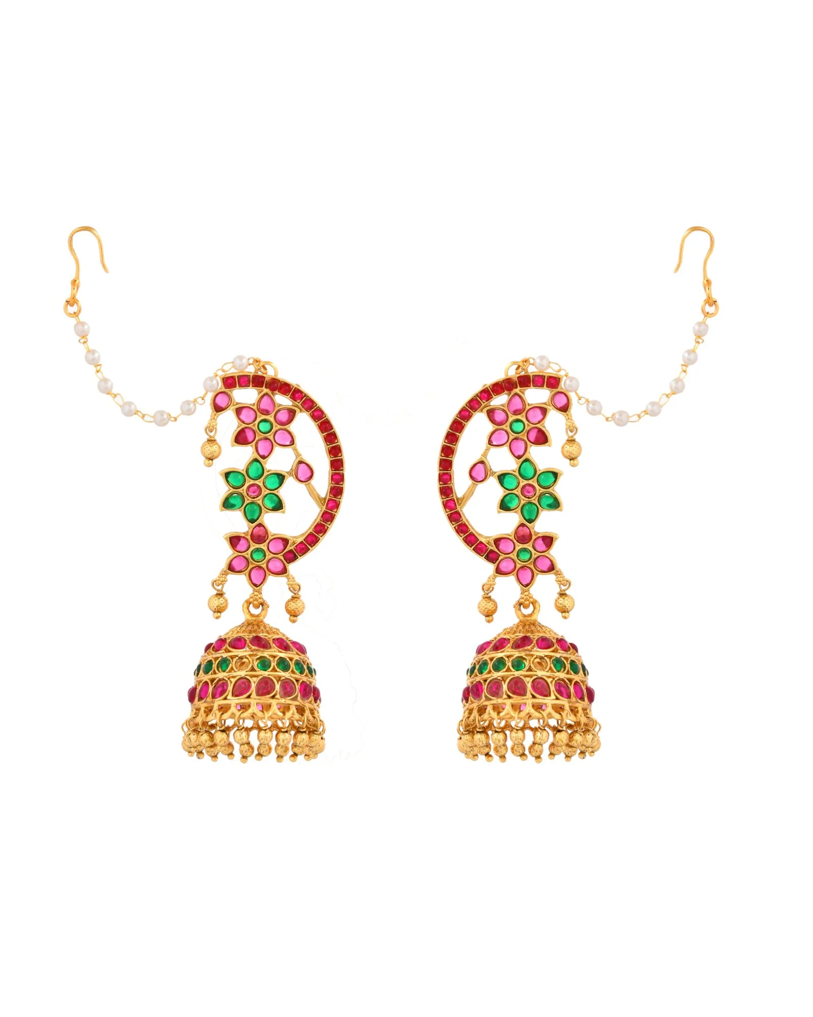 Jewels Nest Gold-Tone Kundan Floral Ear Cuff Jhumka Earrings With Pearl Chain - Image 3