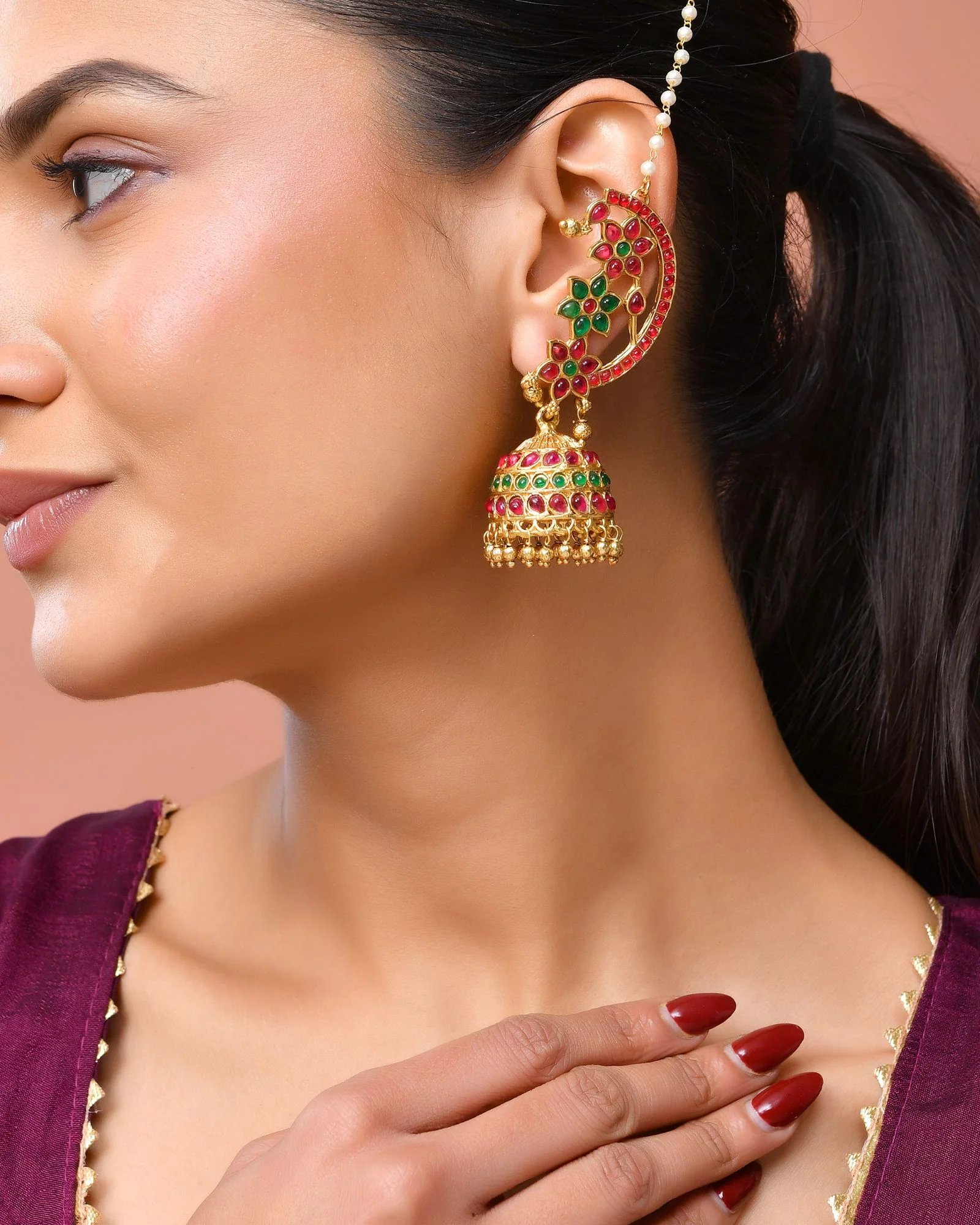 Jewels Nest Gold-Tone Kundan Floral Ear Cuff Jhumka Earrings With Pearl Chain - Image 5