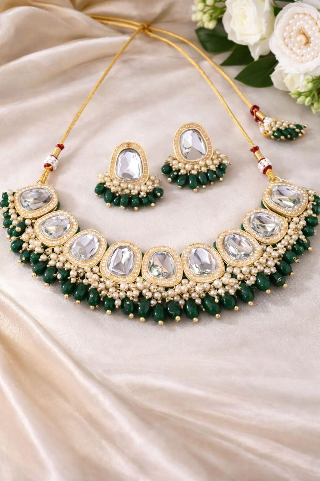 Jewels Nest Gold-Tone Kundan Necklace Set With Green Beads And Pearl Drop Earrings