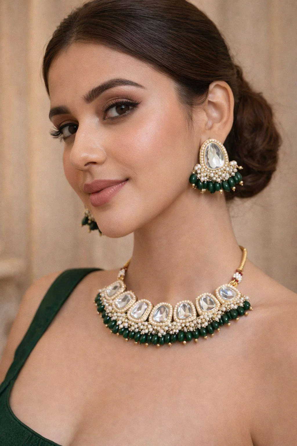 Jewels Nest Gold-Tone Kundan Necklace Set With Green Beads And Pearl Drop Earrings - Image 2