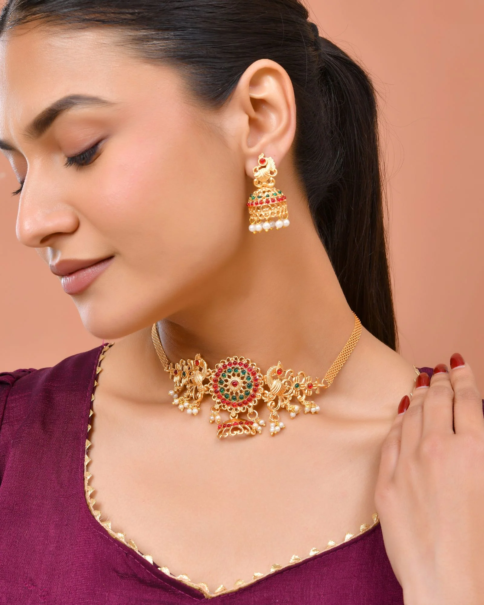 Jewels Nest Gold-Tone Kundan Peacock Pendant Necklace With Jhumka Earrings - Image 3