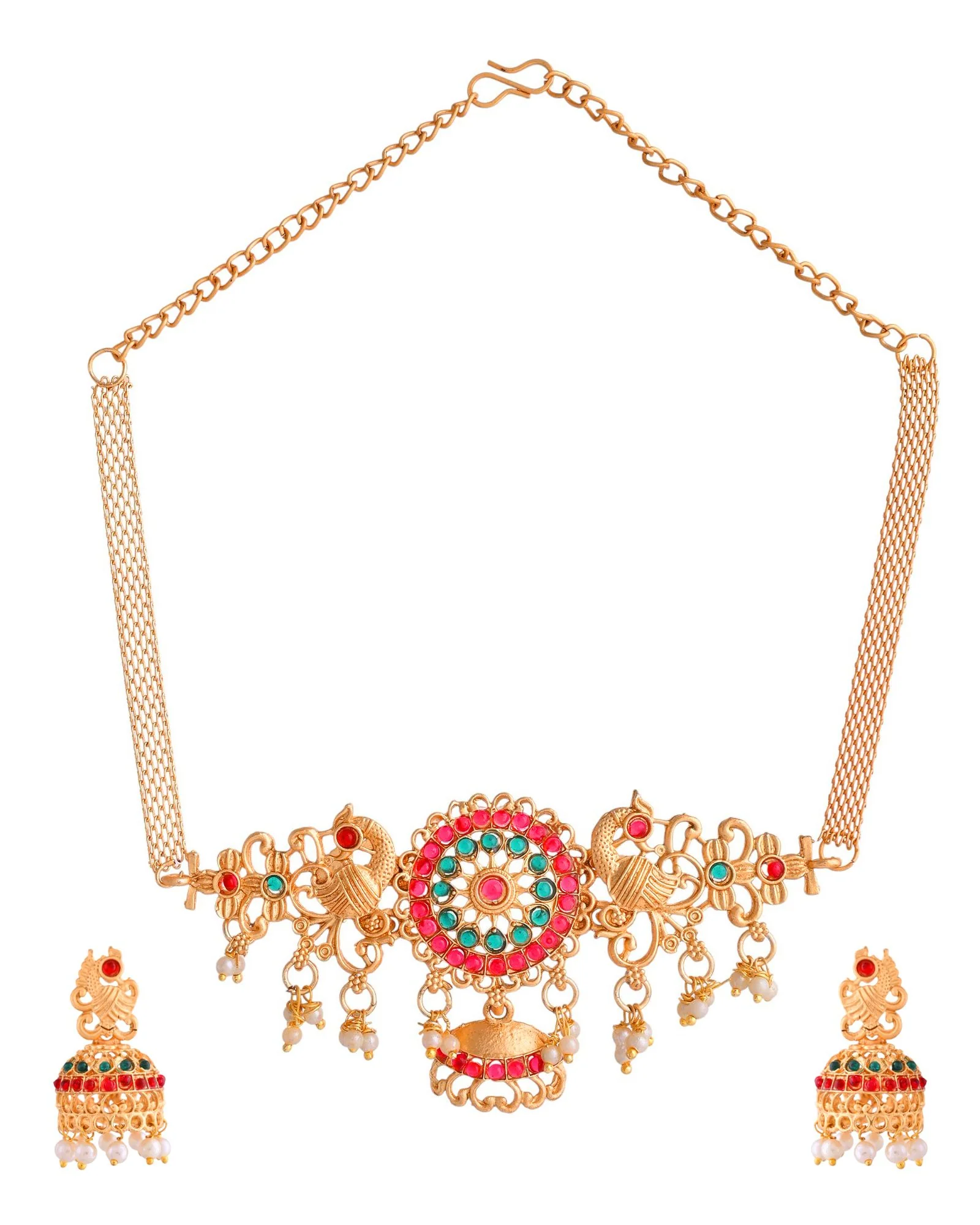 Jewels Nest Gold-Tone Kundan Peacock Pendant Necklace With Jhumka Earrings - Image 4