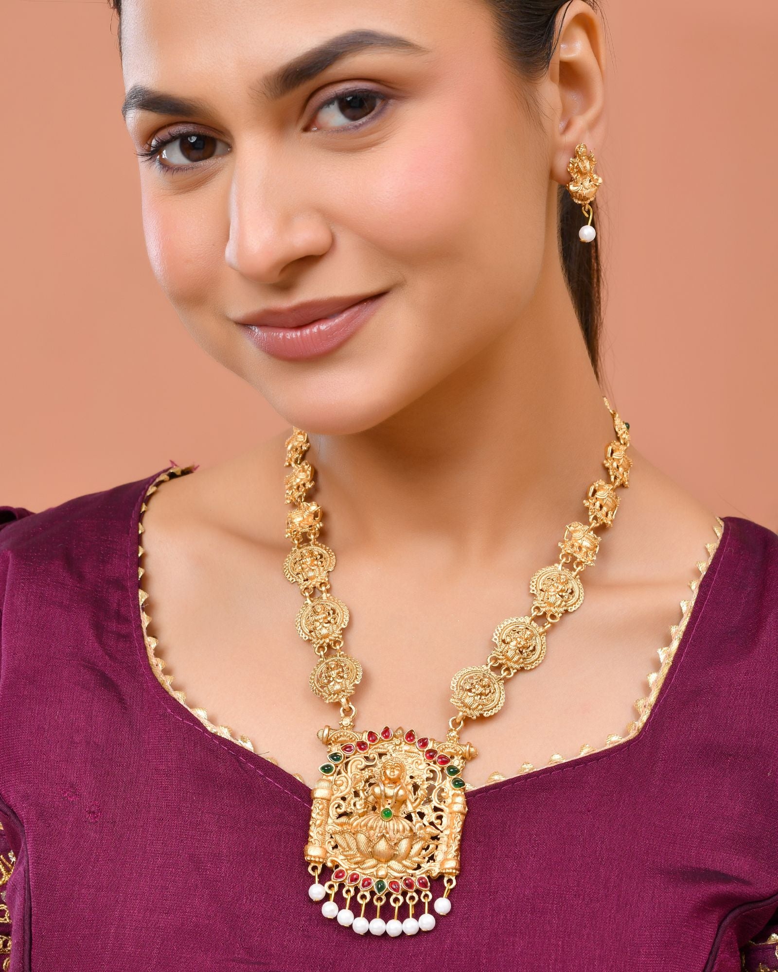 Jewels Nest Gold-Tone Lakshmi Temple Long Necklace Set With Earrings - Image 2