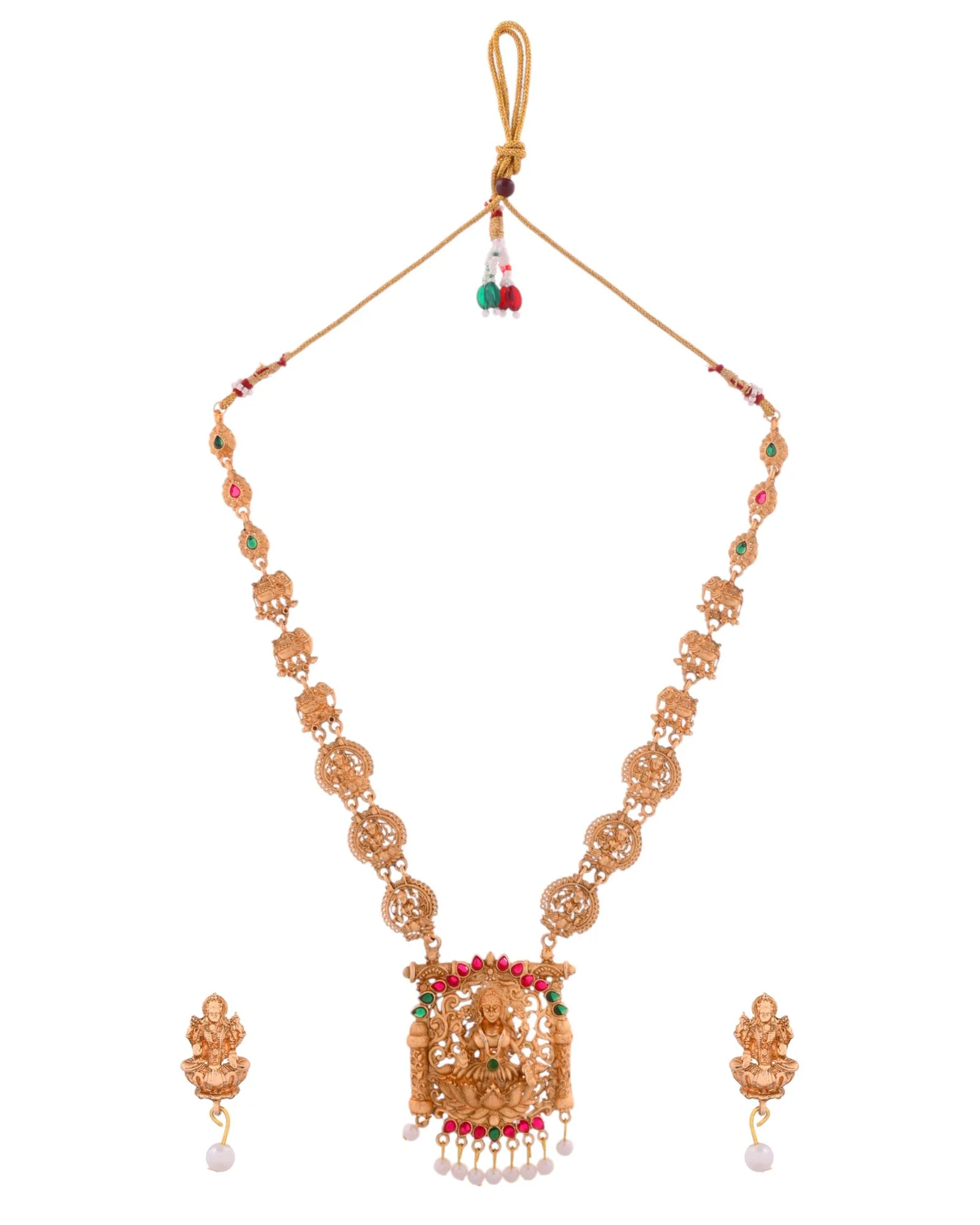 Jewels Nest Gold-Tone Lakshmi Temple Long Necklace Set With Earrings - Image 3