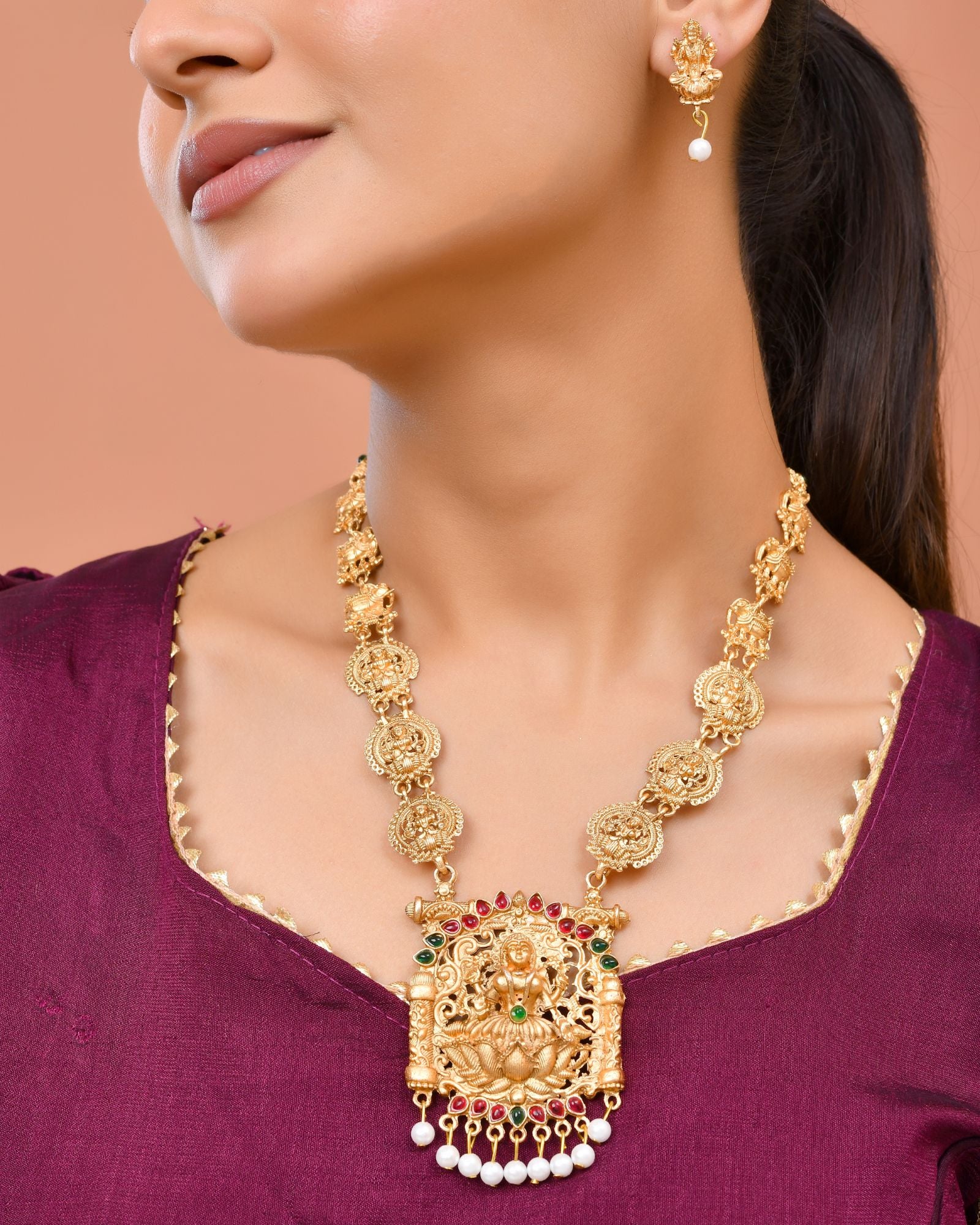 Jewels Nest Gold-Tone Lakshmi Temple Long Necklace Set With Earrings - Image 4