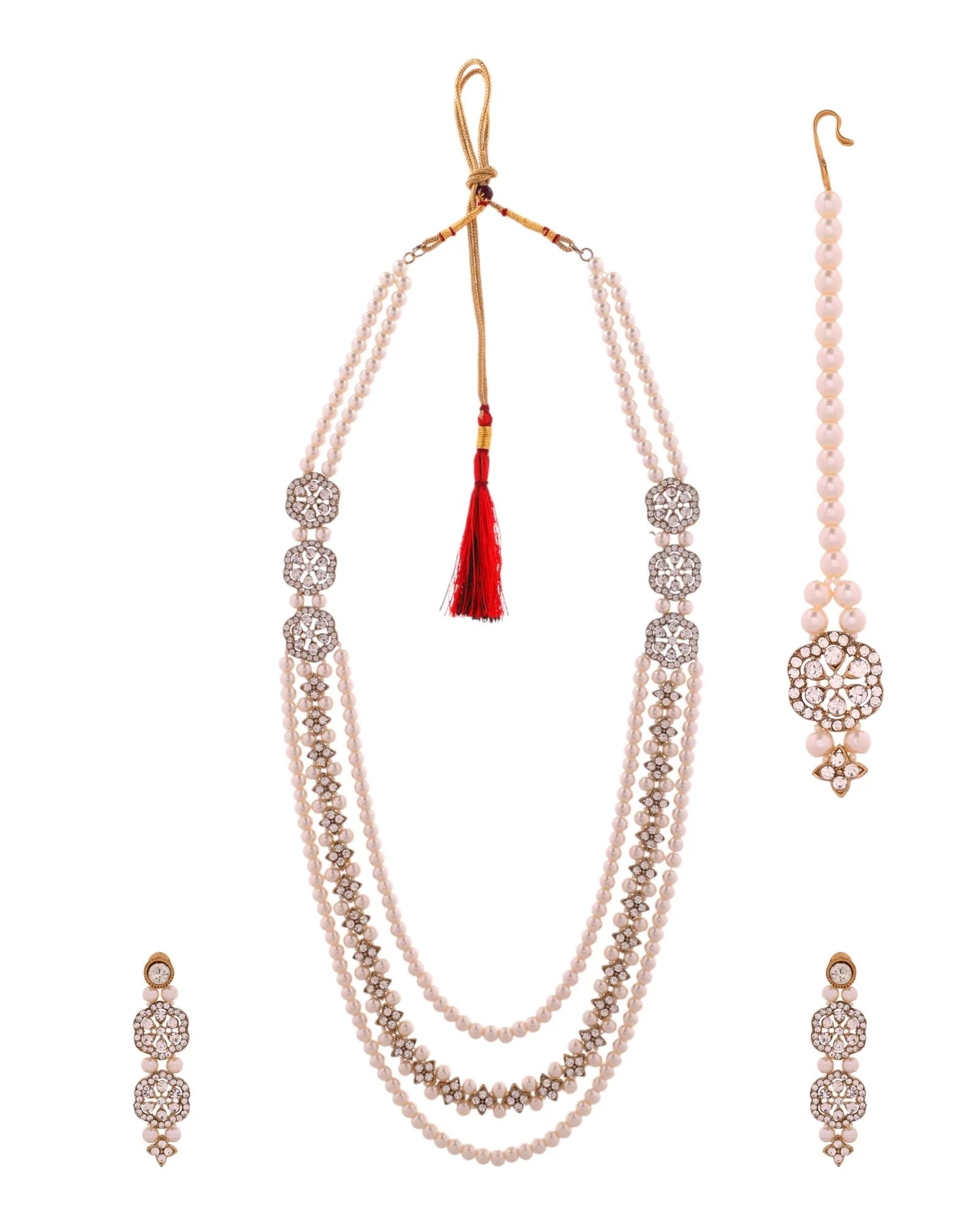 Jewels Nest Gold-Tone Layered Pearl Long Necklace With Crystal Motifs And Drop Earrings - Image 5