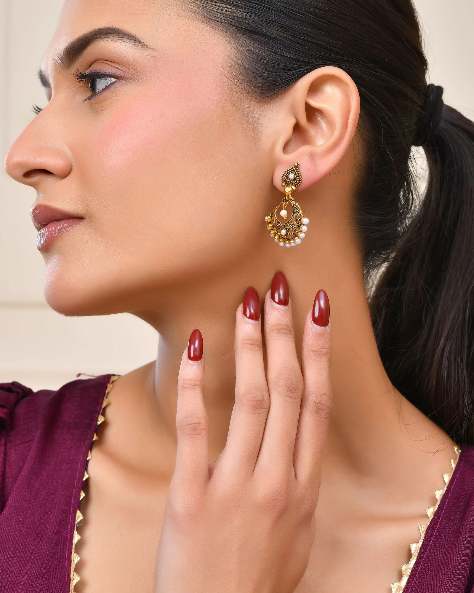 Jewels Nest Gold-Tone Oxidised Pearl Drop Chandbali Earrings - Image 2