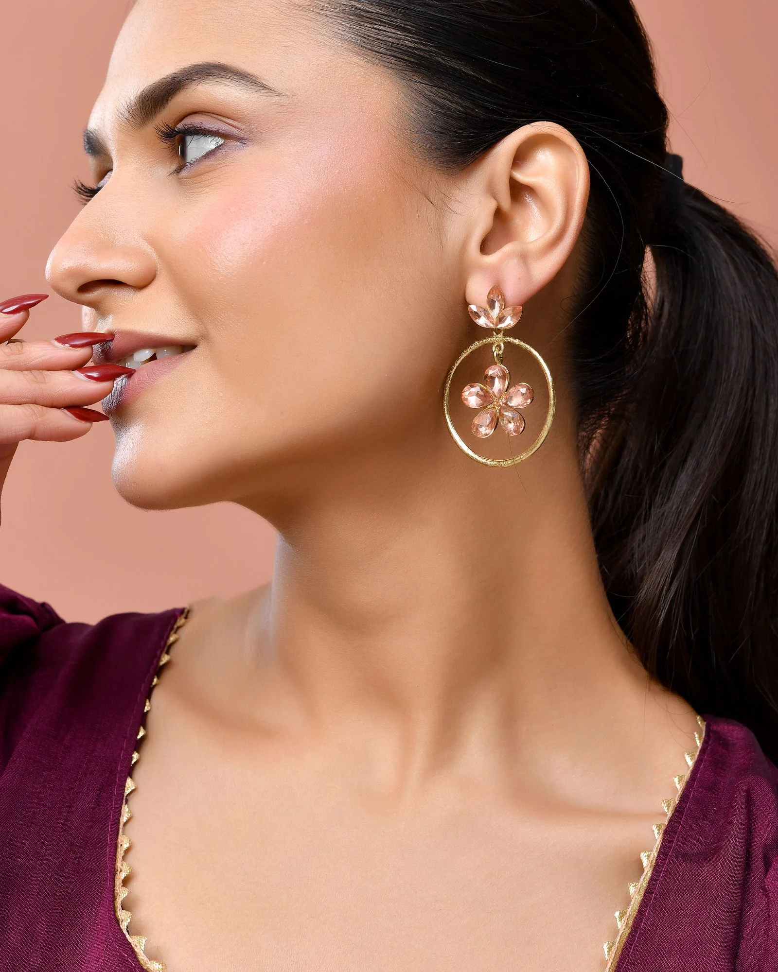 Jewels Nest Gold-Tone Peach Crystal Floral Hoop Earrings For Women - Image 2