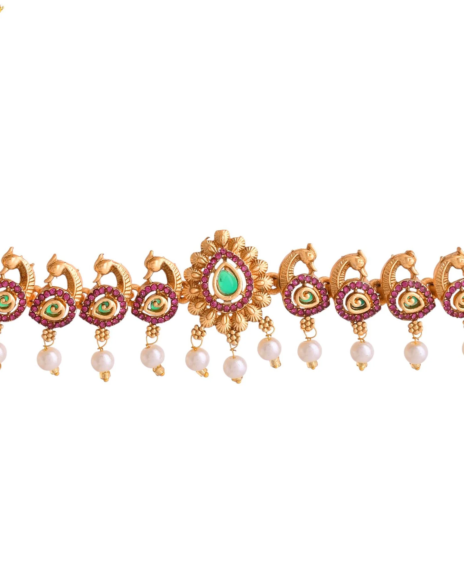 Jewels Nest Gold-Tone Peacock Motif Choker Necklace With Pearl Drops And Jhumka Earrings - Image 2