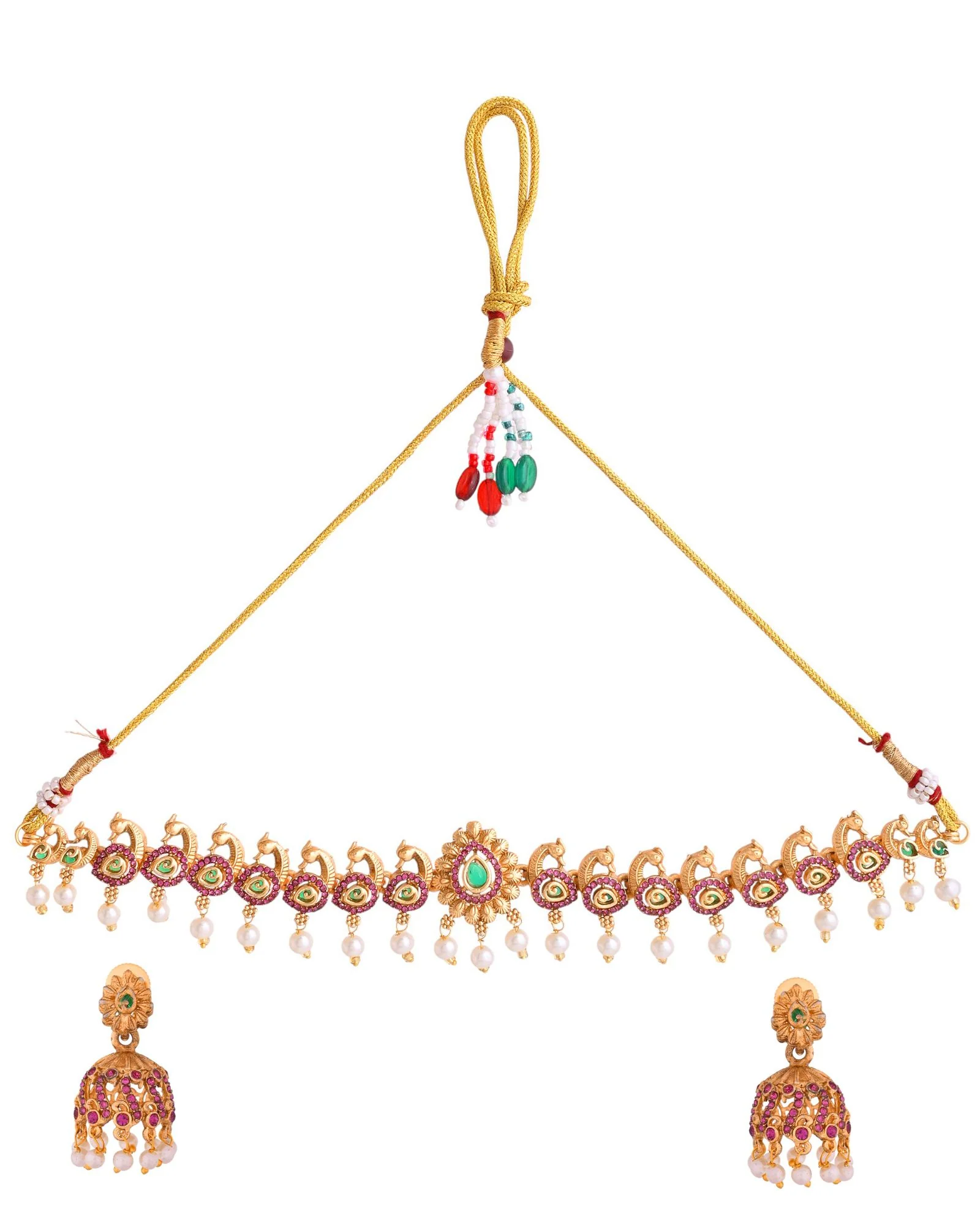 Jewels Nest Gold-Tone Peacock Motif Choker Necklace With Pearl Drops And Jhumka Earrings - Image 3