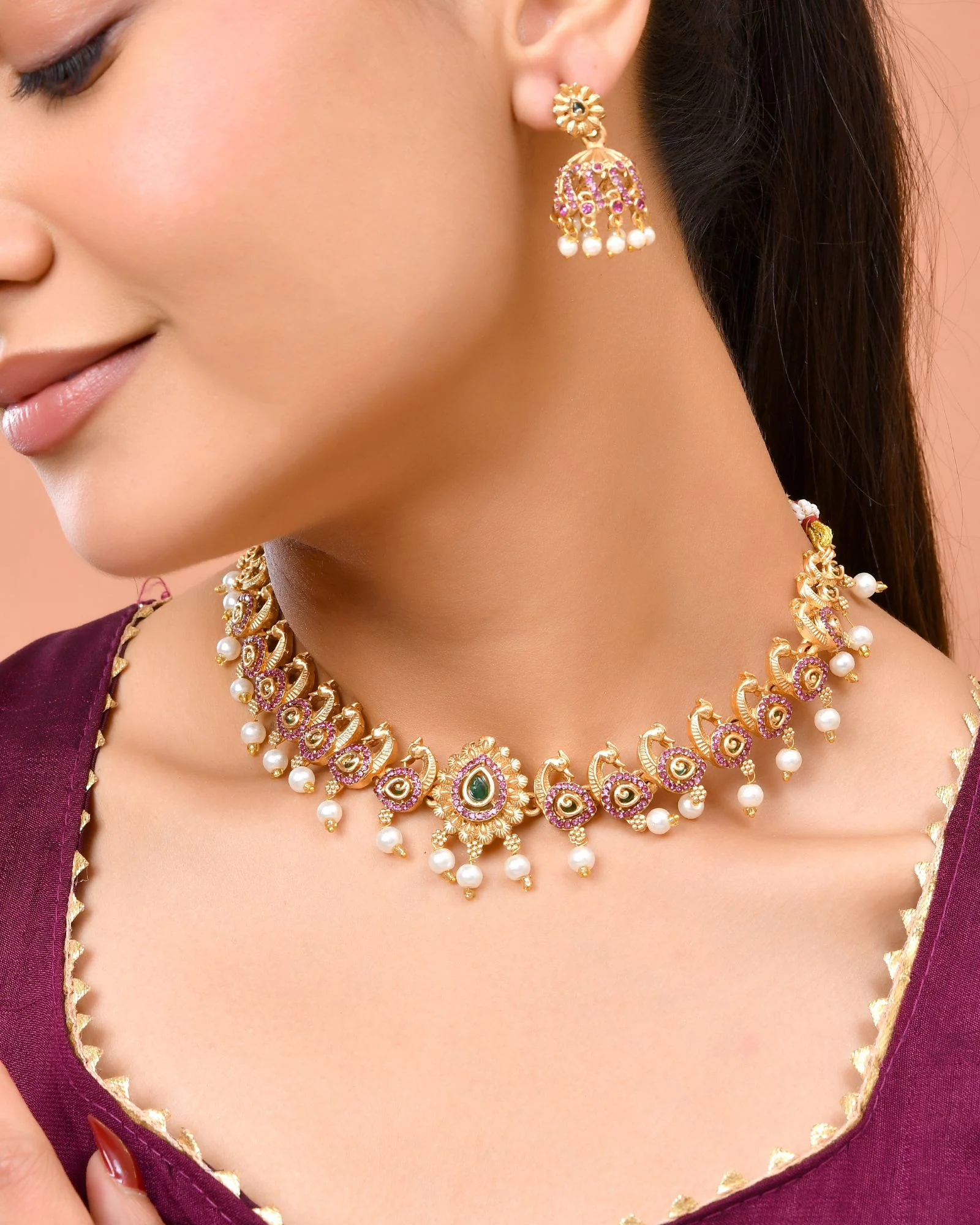 Jewels Nest Gold-Tone Peacock Motif Choker Necklace With Pearl Drops And Jhumka Earrings - Image 4