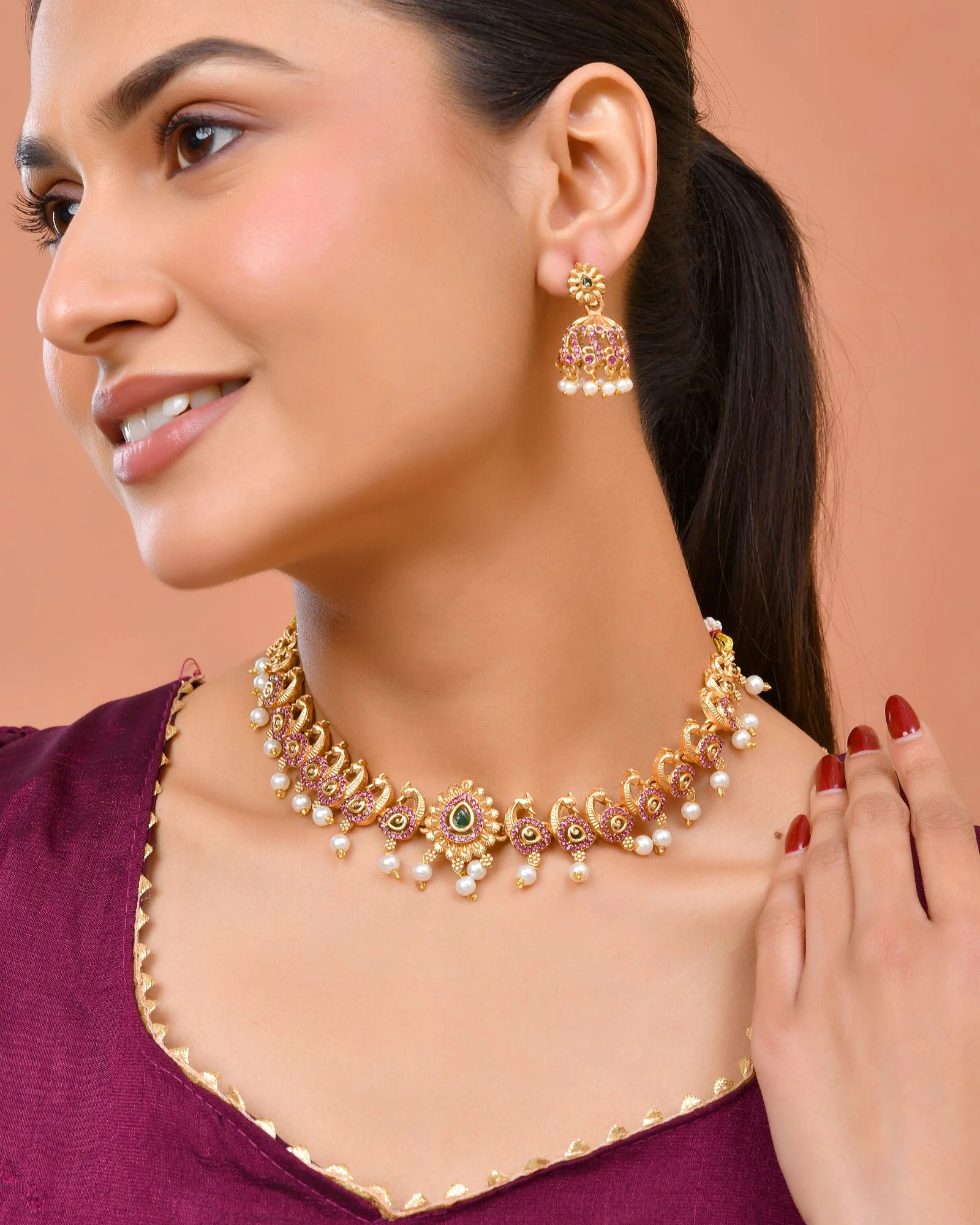 Jewels Nest Gold-Tone Peacock Motif Choker Necklace With Pearl Drops And Jhumka Earrings - Image 5