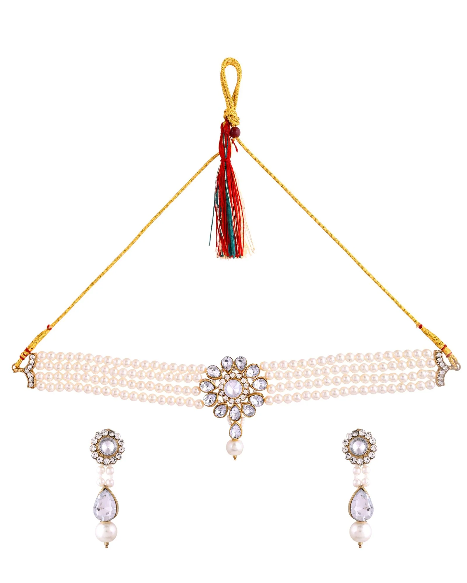 Jewels Nest Gold-Tone Pearl Choker Necklace With Stone Pendant And Earrings - Image 4